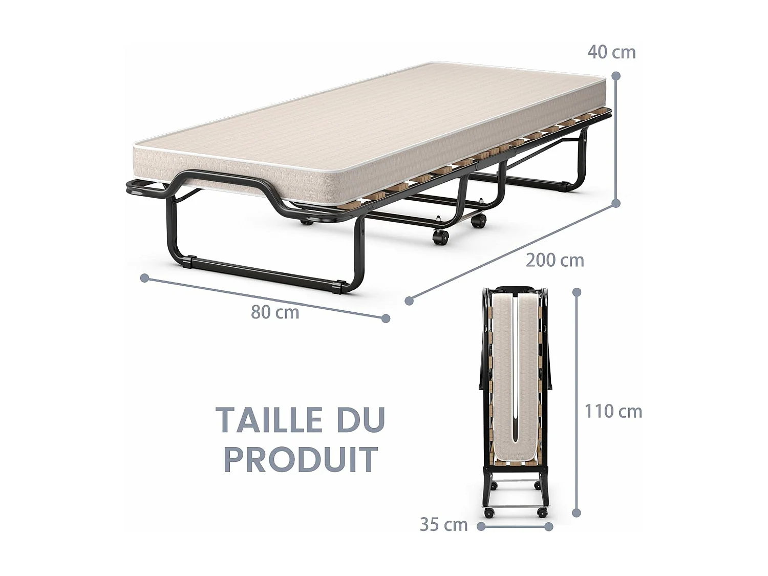 Opvouwbaar bed voor 1 persoon volwassene 200x80CM (gemaakt in Italië), met traagschuimmatras, opvouwbaar bed met 4 wielen en 15 houten lattenbodem
