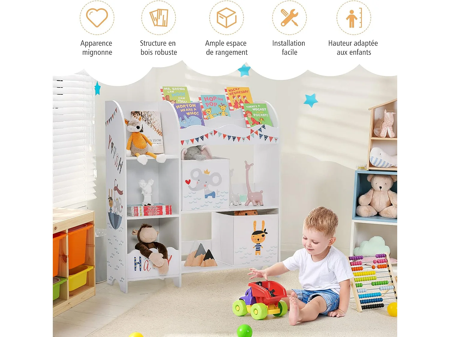 Meuble de Rangement pour Enfant, Thème Océan, Étagère de Rangement pour Jouets et Livres, avec 2 Tiroirs en Tissu(Model 2)