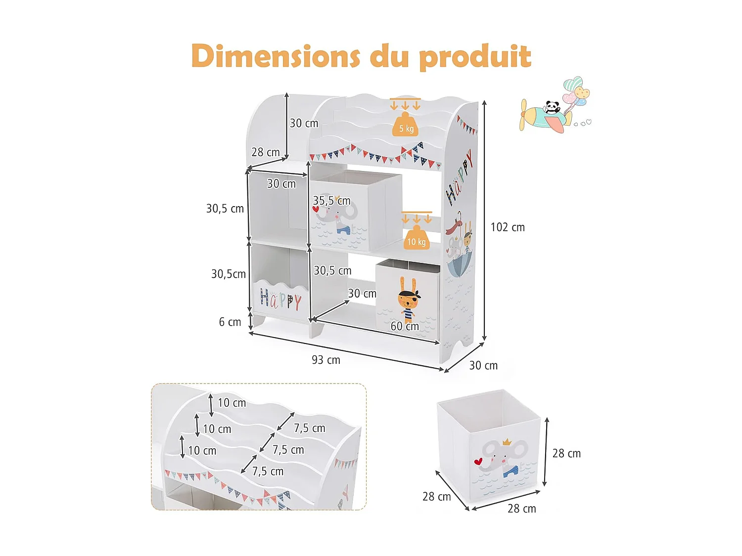 Meuble de Rangement pour Enfant, Thème Océan, Étagère de Rangement pour Jouets et Livres, avec 2 Tiroirs en Tissu(Model 2)