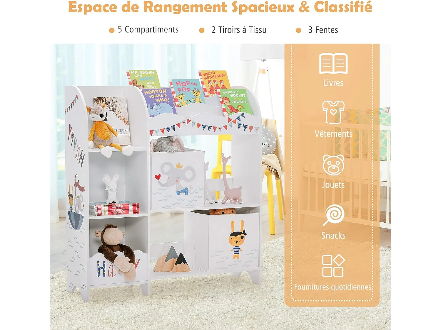 Meuble de Rangement pour Enfant, Thème Océan, Étagère de Rangement pour Jouets et Livres, avec 2 Tiroirs en Tissu(Model 2)