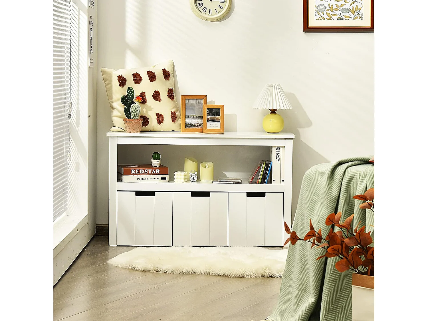 Meuble de Rangement, Armoire de Rangement avec 3 Tiroirs, Compartiments Ouvert et Poignées Incurvées, 101 x 33 x 62CM Blanc