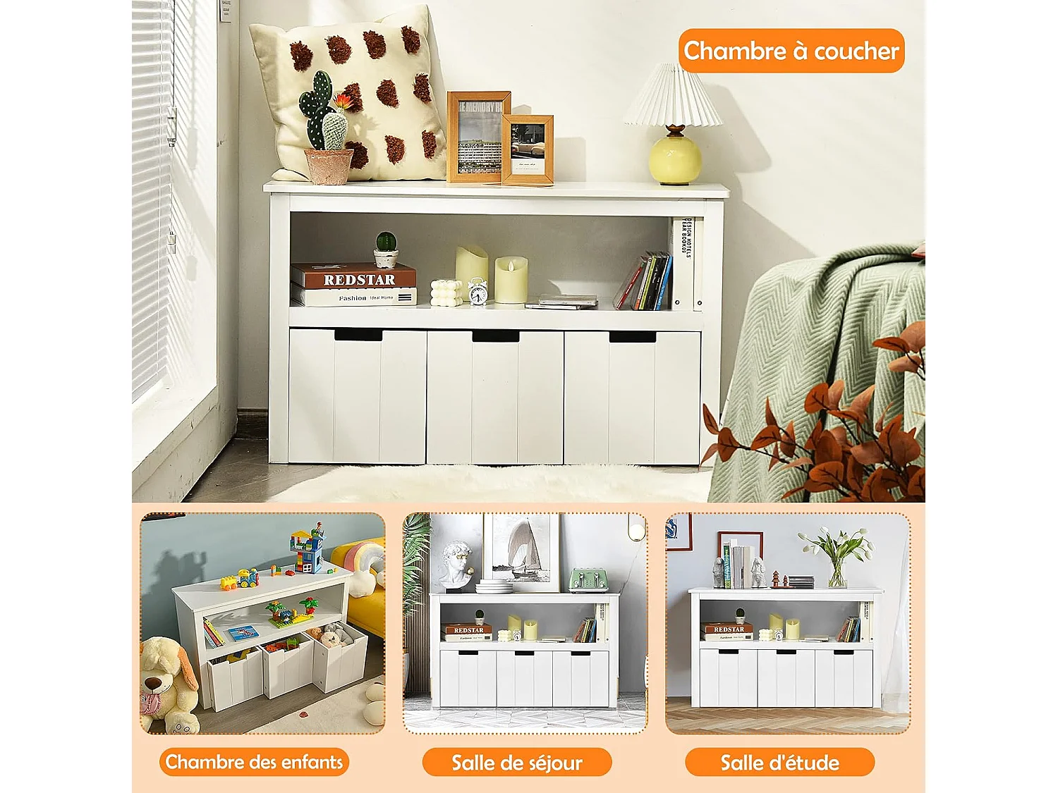 Meuble de Rangement, Armoire de Rangement avec 3 Tiroirs, Compartiments Ouvert et Poignées Incurvées, 101 x 33 x 62CM Blanc