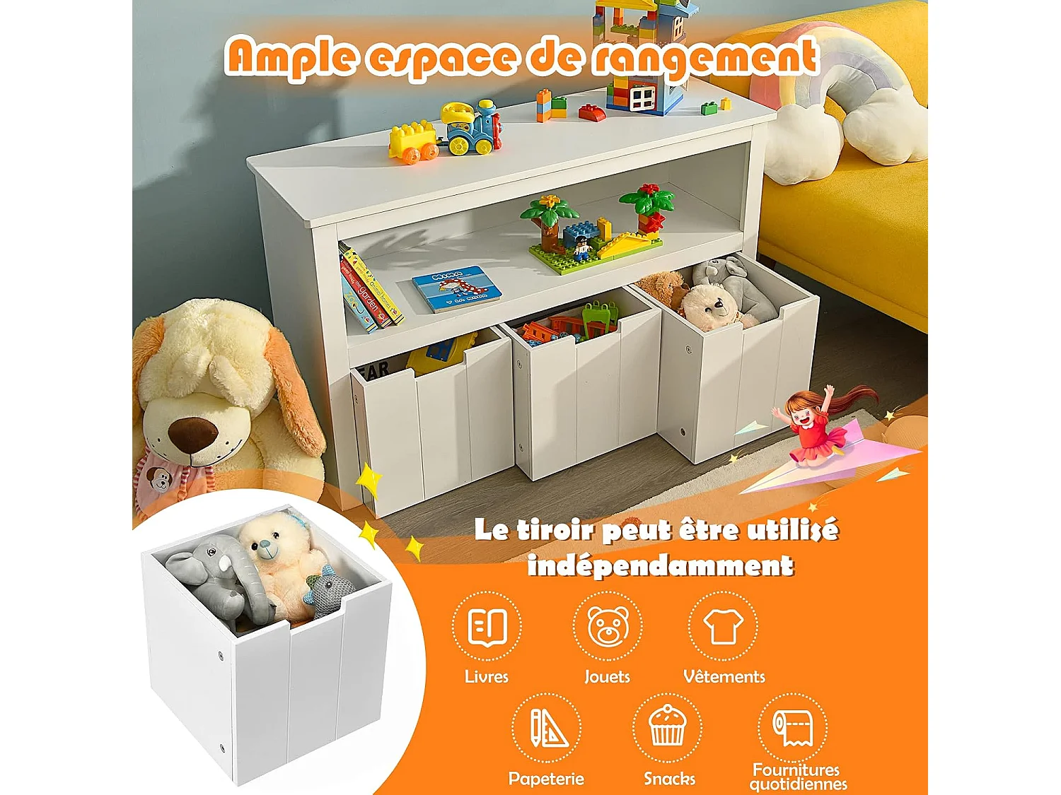 Meuble de Rangement, Armoire de Rangement avec 3 Tiroirs, Compartiments Ouvert et Poignées Incurvées, 101 x 33 x 62CM Blanc