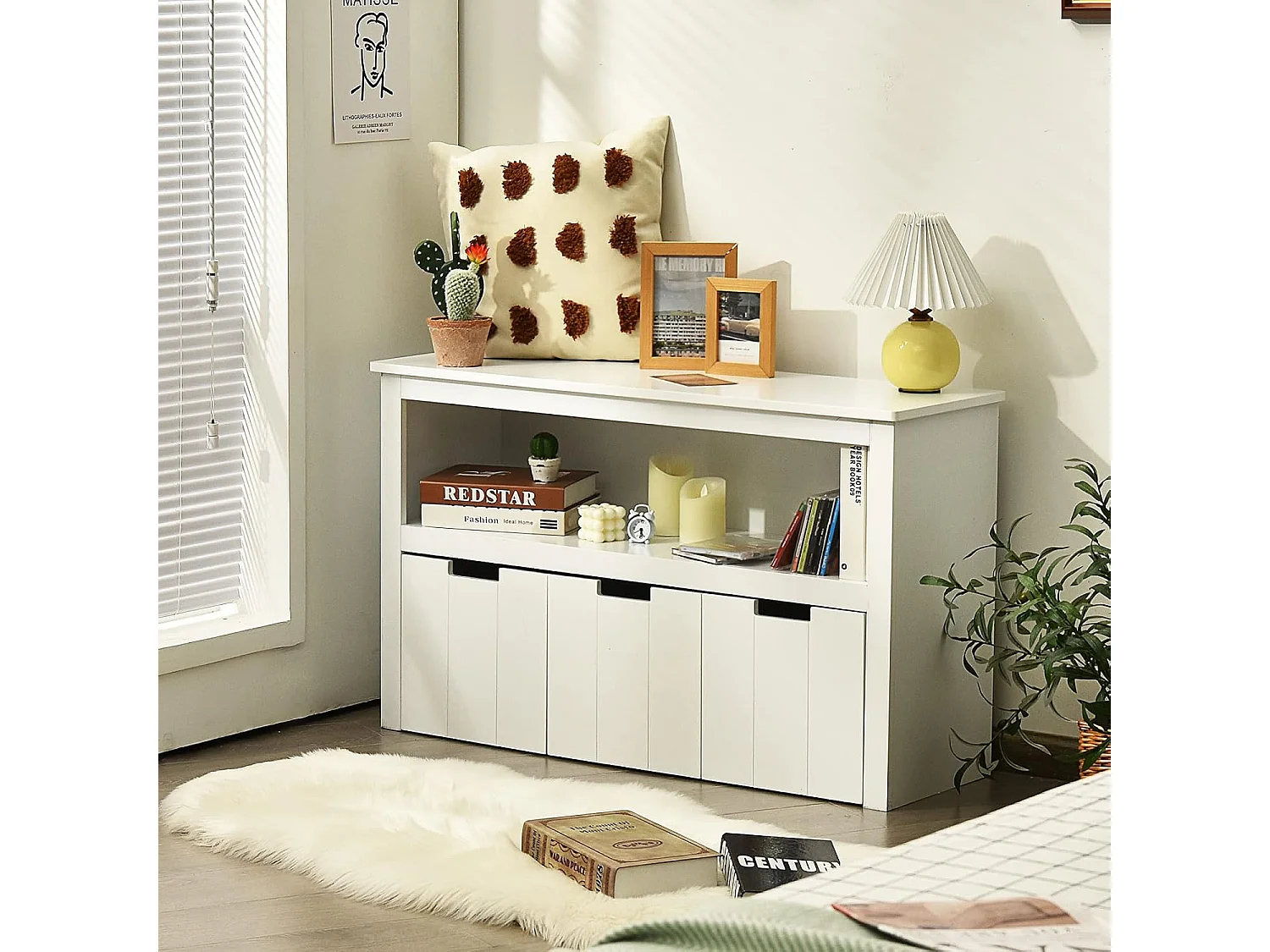 Meuble de Rangement, Armoire de Rangement avec 3 Tiroirs, Compartiments Ouvert et Poignées Incurvées, 101 x 33 x 62CM Blanc