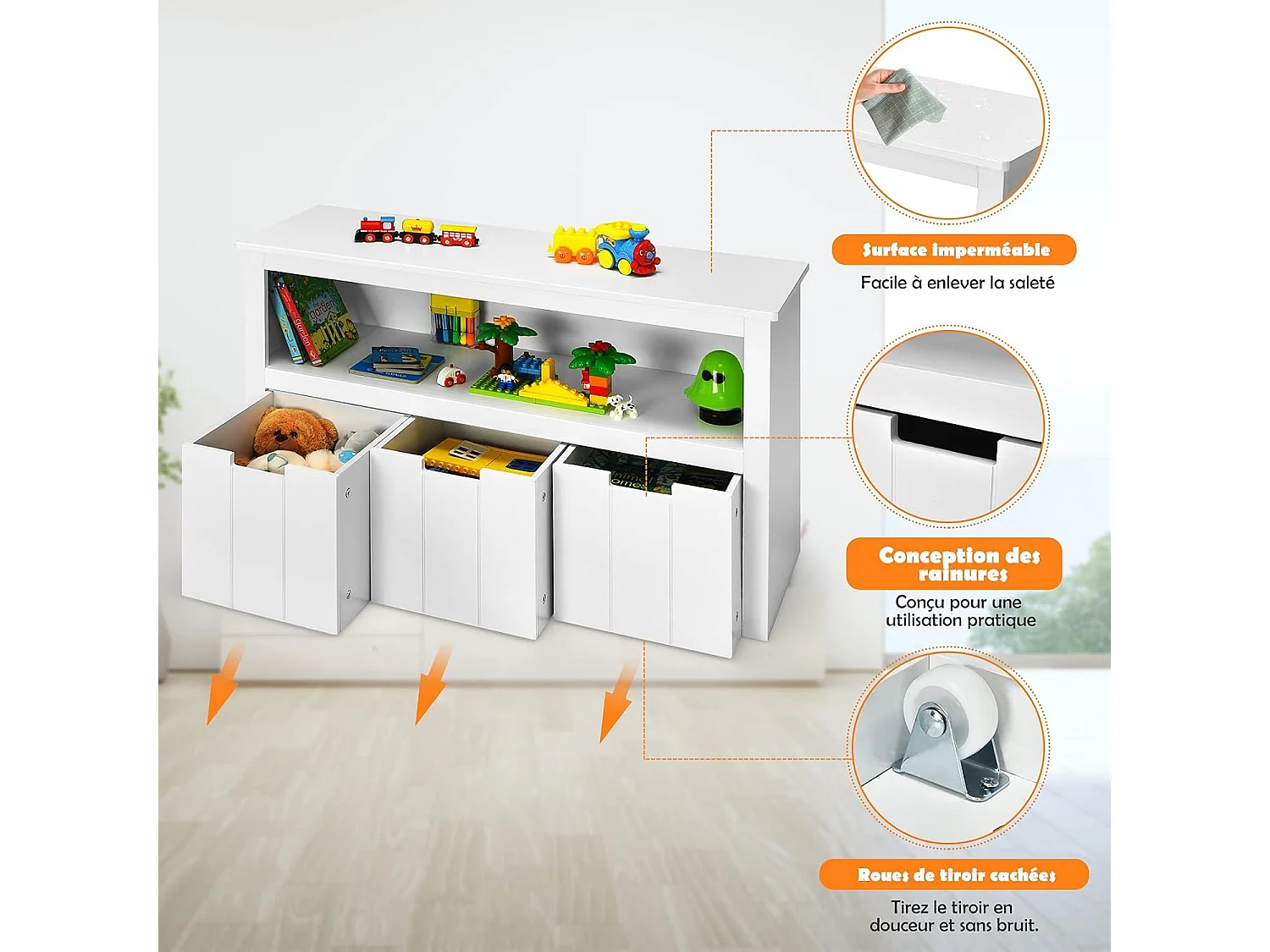 Meuble de Rangement, Armoire de Rangement avec 3 Tiroirs, Compartiments Ouvert et Poignées Incurvées, 101 x 33 x 62CM Blanc