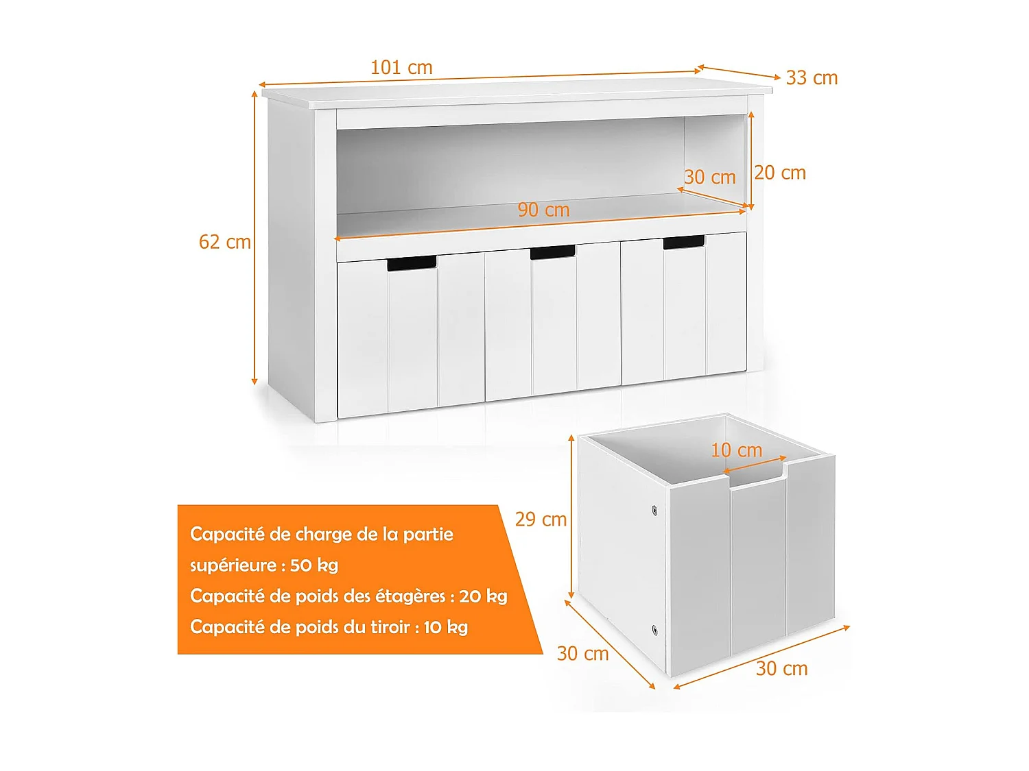 Meuble de Rangement, Armoire de Rangement avec 3 Tiroirs, Compartiments Ouvert et Poignées Incurvées, 101 x 33 x 62CM Blanc
