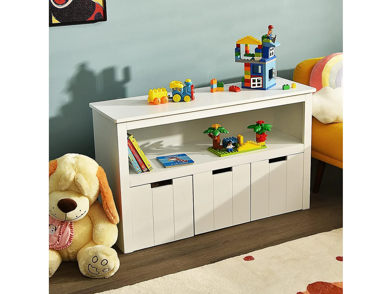 Meuble de Rangement, Armoire de Rangement avec 3 Tiroirs, Compartiments Ouvert et Poignées Incurvées, 101 x 33 x 62CM Blanc