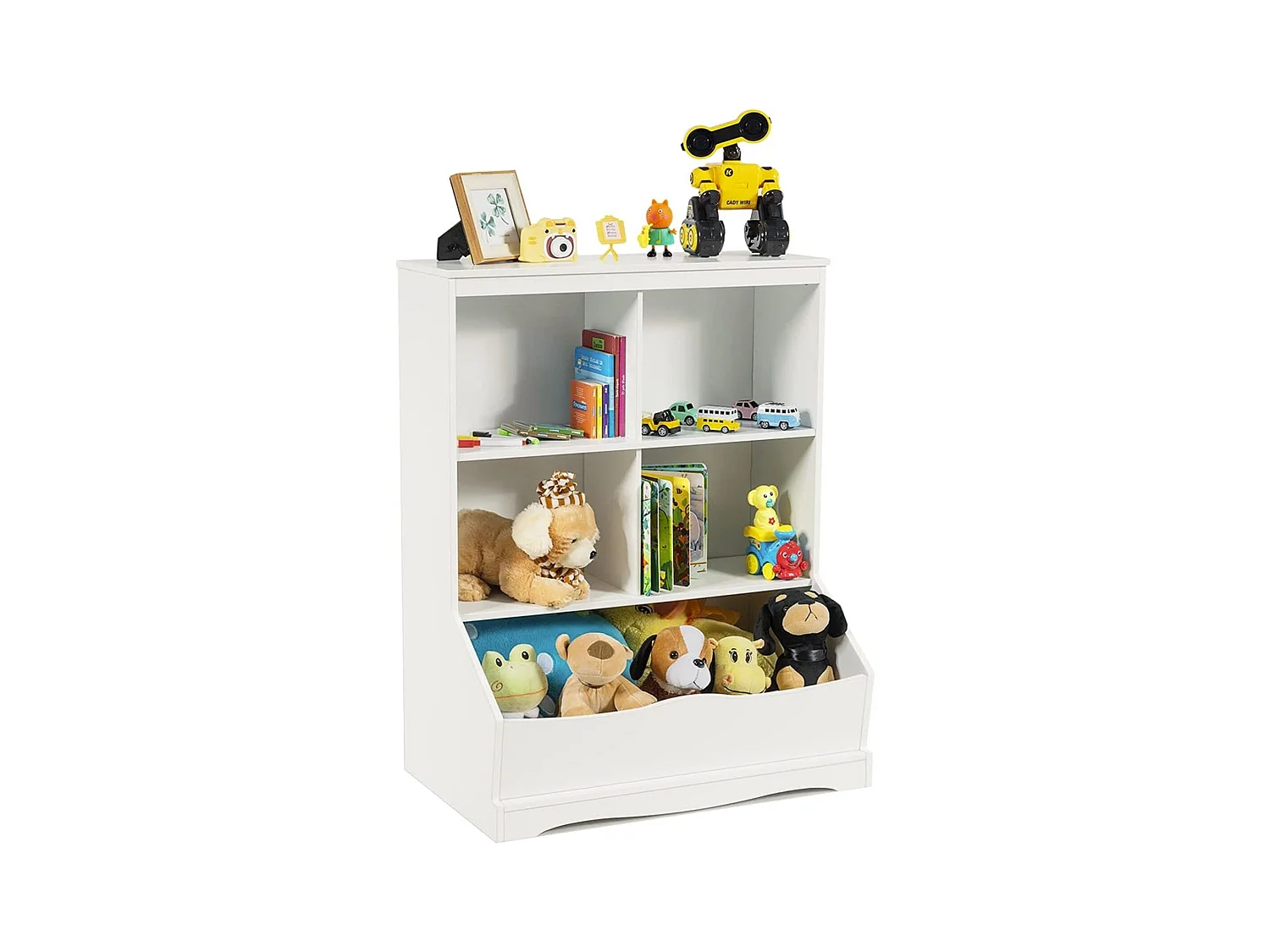 Meuble de Rangement pour Jouets à 3 Niveaux avec 4 Compartiments Ouverts et un Bac, Bibliothèque pour Enfants, 67 x 40 x 88,5 CM (L x l x H), Blanc
