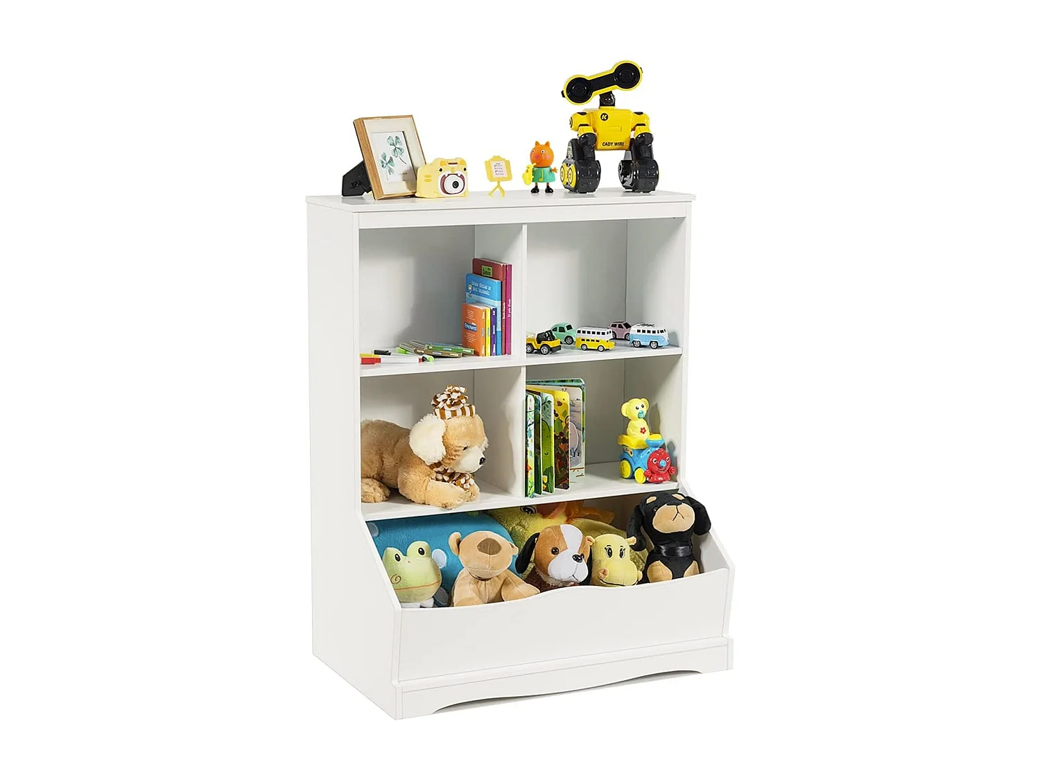 Meuble de Rangement pour Jouets à 3 Niveaux avec 4 Compartiments Ouverts et un Bac, Bibliothèque pour Enfants, 67 x 40 x 88,5 CM (L x l x H), Blanc