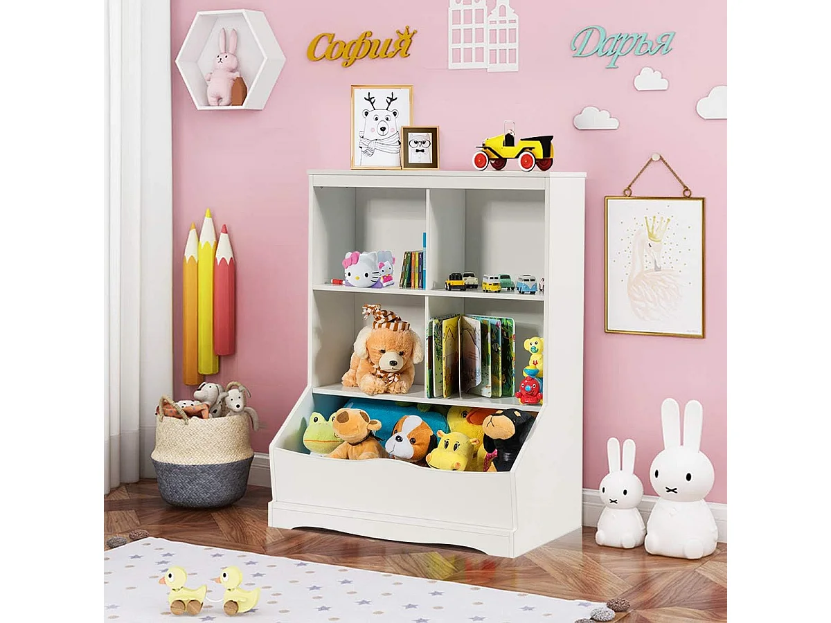 Meuble de Rangement pour Jouets à 3 Niveaux avec 4 Compartiments Ouverts et un Bac, Bibliothèque pour Enfants, 67 x 40 x 88,5 CM (L x l x H), Blanc