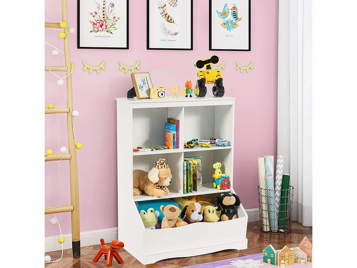 Meuble de Rangement pour Jouets à 3 Niveaux avec 4 Compartiments Ouverts et un Bac, Bibliothèque pour Enfants, 67 x 40 x 88,5 CM (L x l x H), Blanc
