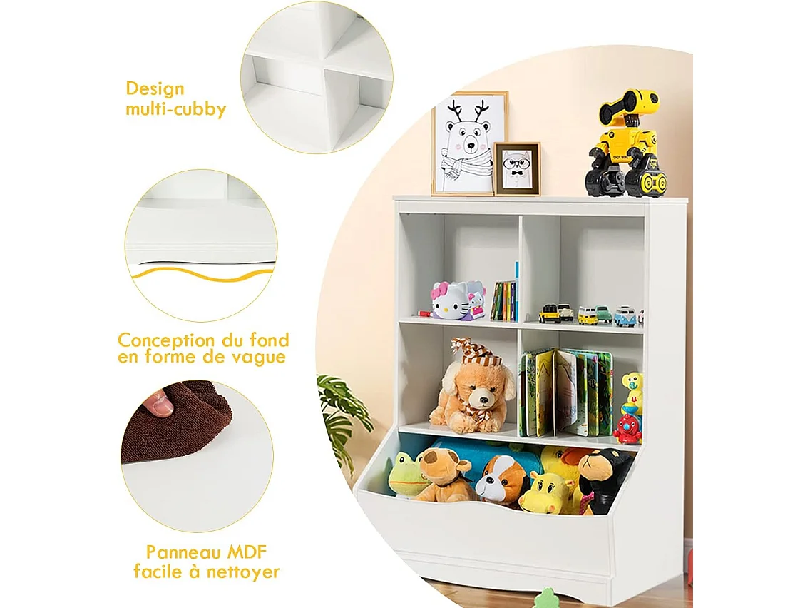 Meuble de Rangement pour Jouets à 3 Niveaux avec 4 Compartiments Ouverts et un Bac, Bibliothèque pour Enfants, 67 x 40 x 88,5 CM (L x l x H), Blanc