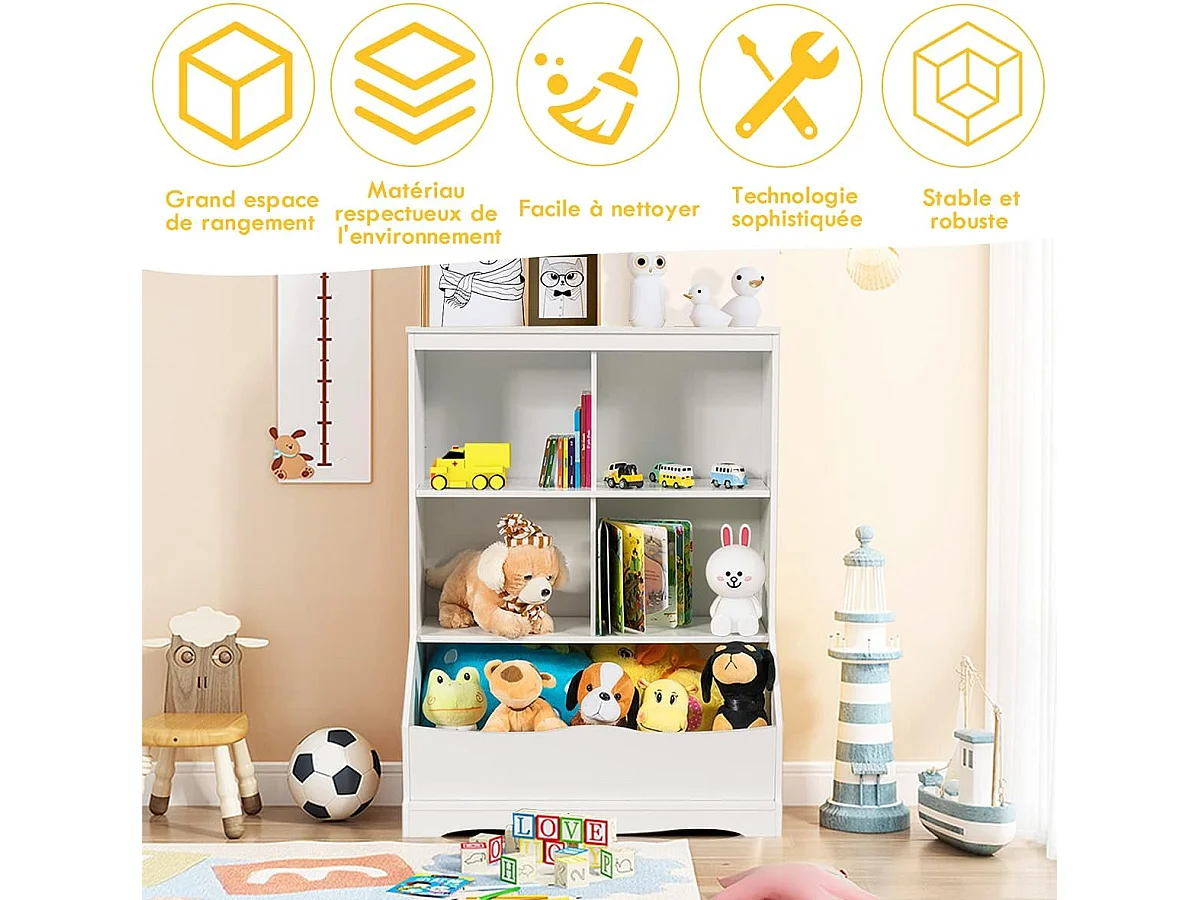 Meuble de Rangement pour Jouets à 3 Niveaux avec 4 Compartiments Ouverts et un Bac, Bibliothèque pour Enfants, 67 x 40 x 88,5 CM (L x l x H), Blanc