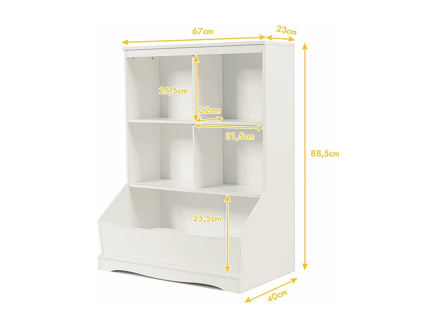 Meuble de Rangement pour Jouets à 3 Niveaux avec 4 Compartiments Ouverts et un Bac, Bibliothèque pour Enfants, 67 x 40 x 88,5 CM (L x l x H), Blanc