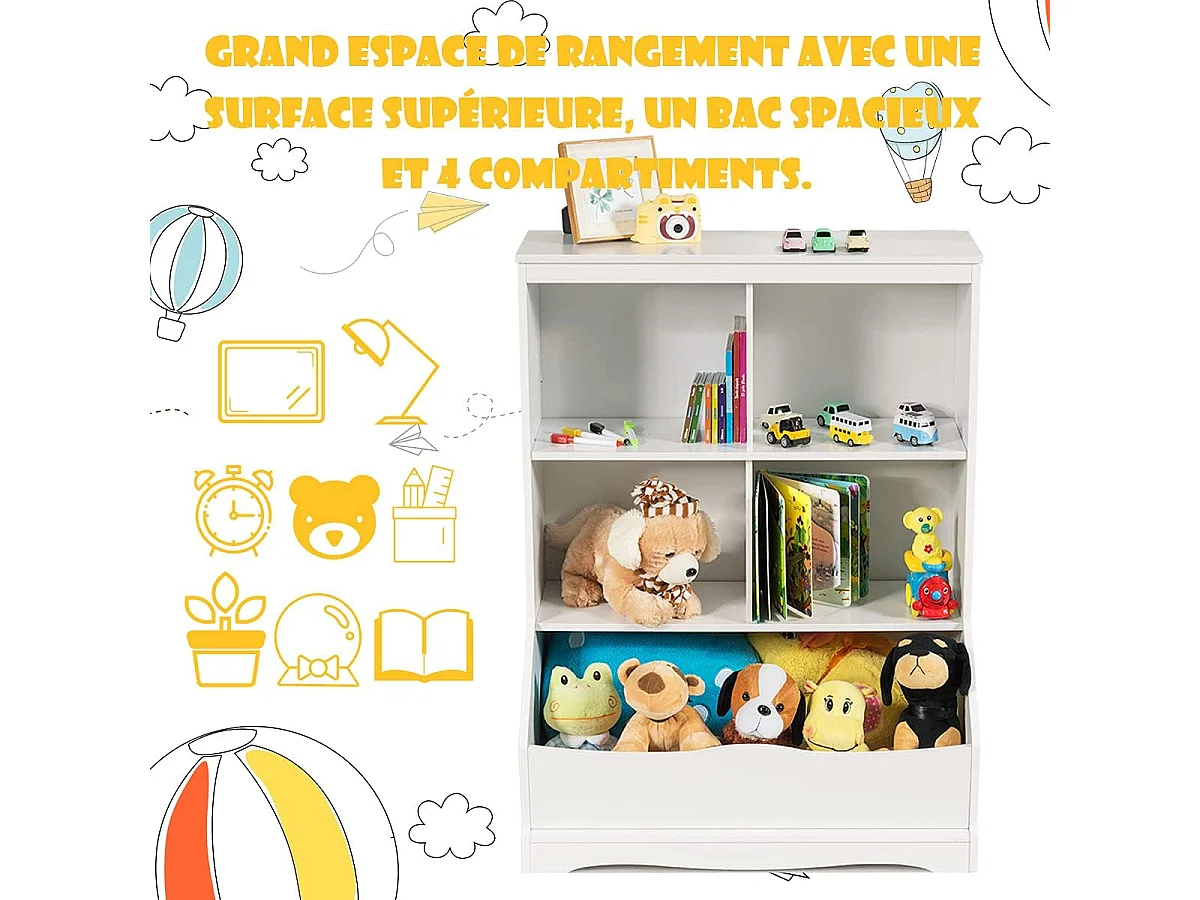 Meuble de Rangement pour Jouets à 3 Niveaux avec 4 Compartiments Ouverts et un Bac, Bibliothèque pour Enfants, 67 x 40 x 88,5 CM (L x l x H), Blanc