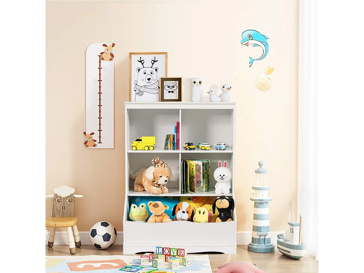 Meuble de Rangement pour Jouets à 3 Niveaux avec 4 Compartiments Ouverts et un Bac, Bibliothèque pour Enfants, 67 x 40 x 88,5 CM (L x l x H), Blanc
