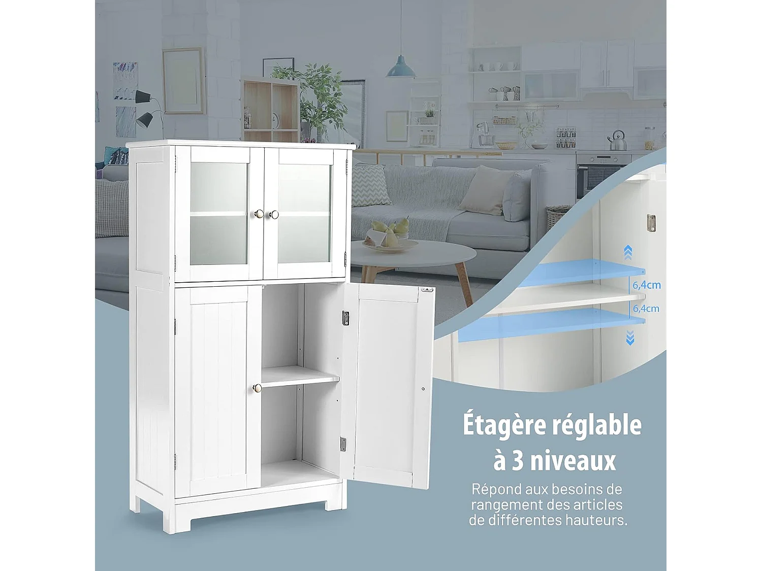 Meuble de Rangement 58 x 30 x 109 CM avec Etagère Réglable Armoire Polyvalent pour Salon,Chambre,Bureau,Cuisine Blanc