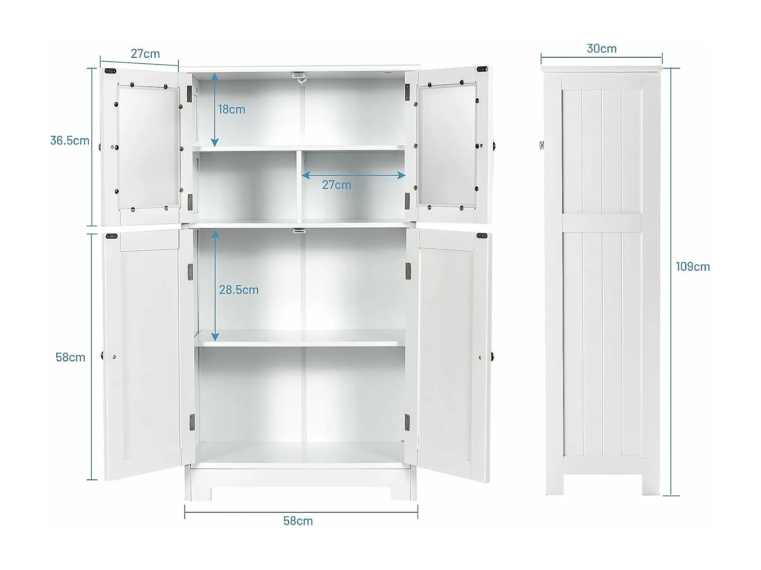 Meuble de Rangement 58 x 30 x 109 CM avec Etagère Réglable Armoire Polyvalent pour Salon,Chambre,Bureau,Cuisine Blanc