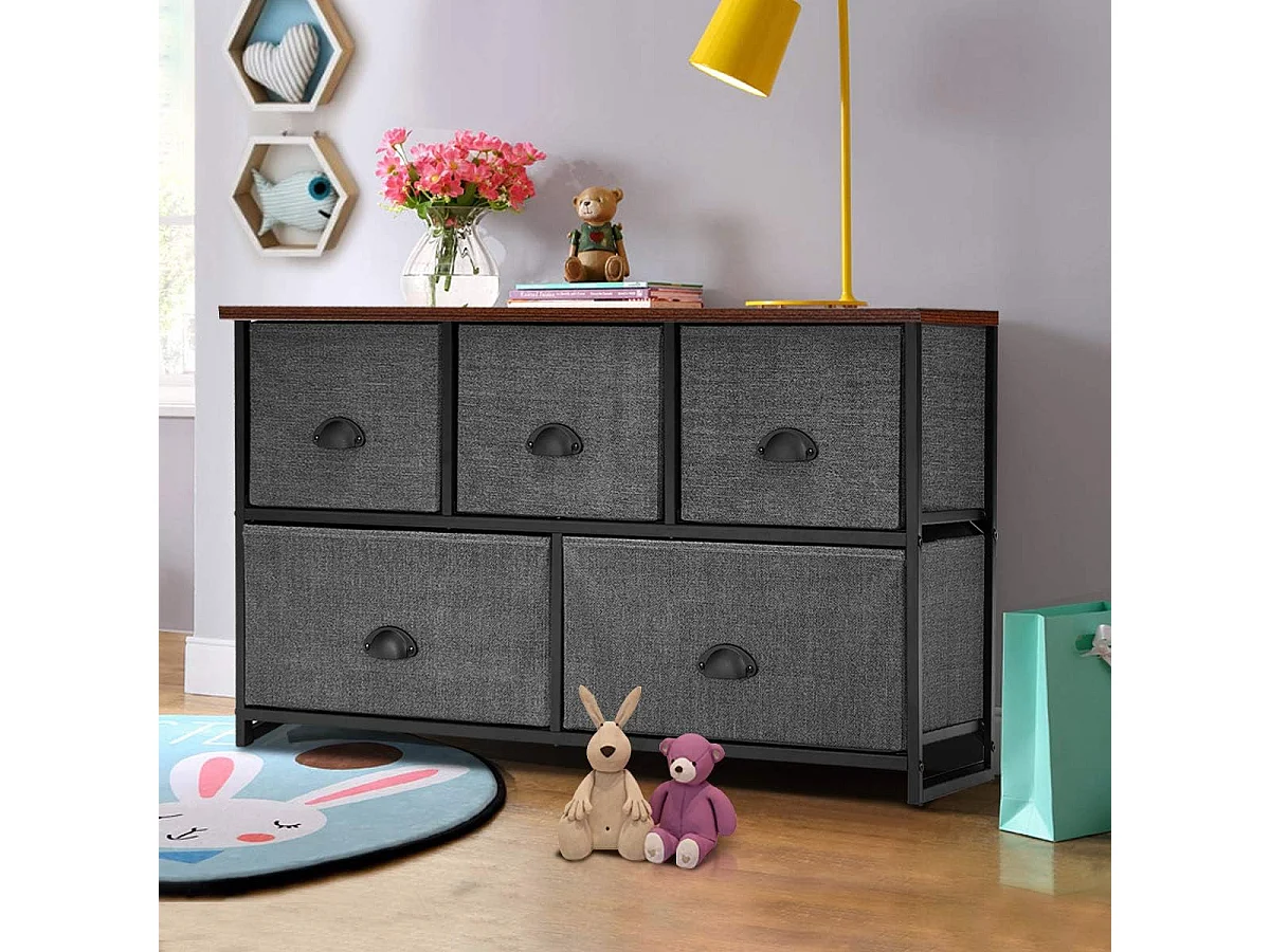 Meuble de Rangement à 5 Tiroirs Amovibles, Cadre Métallique, Boîtes de Rangement en Tissu pour Chambre 100 x 30 x 53,5 cm