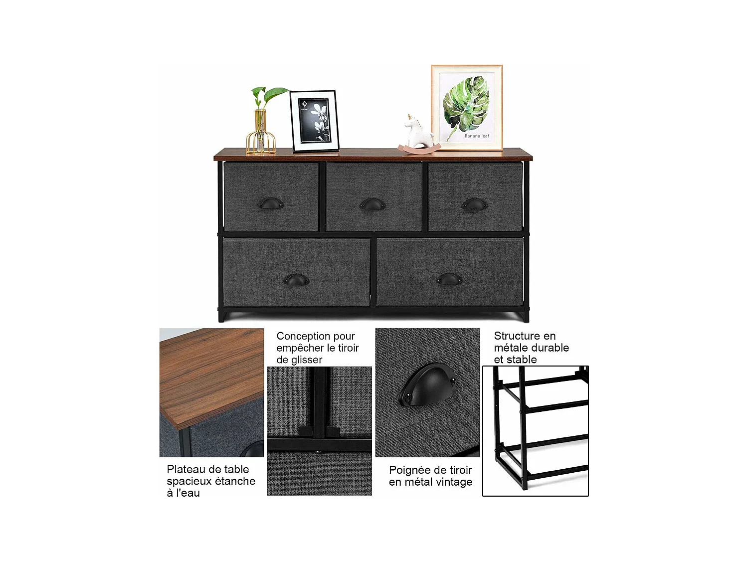 Meuble de Rangement à 5 Tiroirs Amovibles, Cadre Métallique, Boîtes de Rangement en Tissu pour Chambre 100 x 30 x 53,5 cm