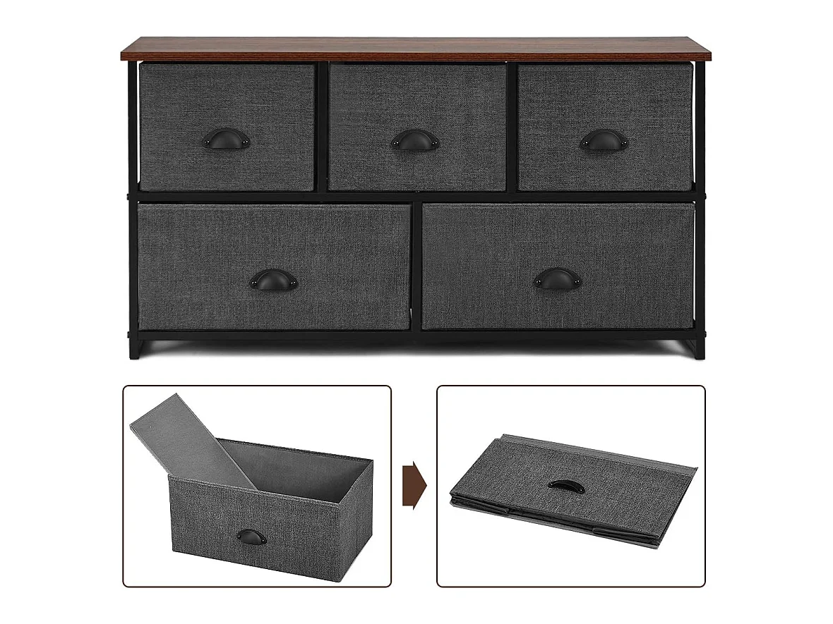 Meuble de Rangement à 5 Tiroirs Amovibles, Cadre Métallique, Boîtes de Rangement en Tissu pour Chambre 100 x 30 x 53,5 cm