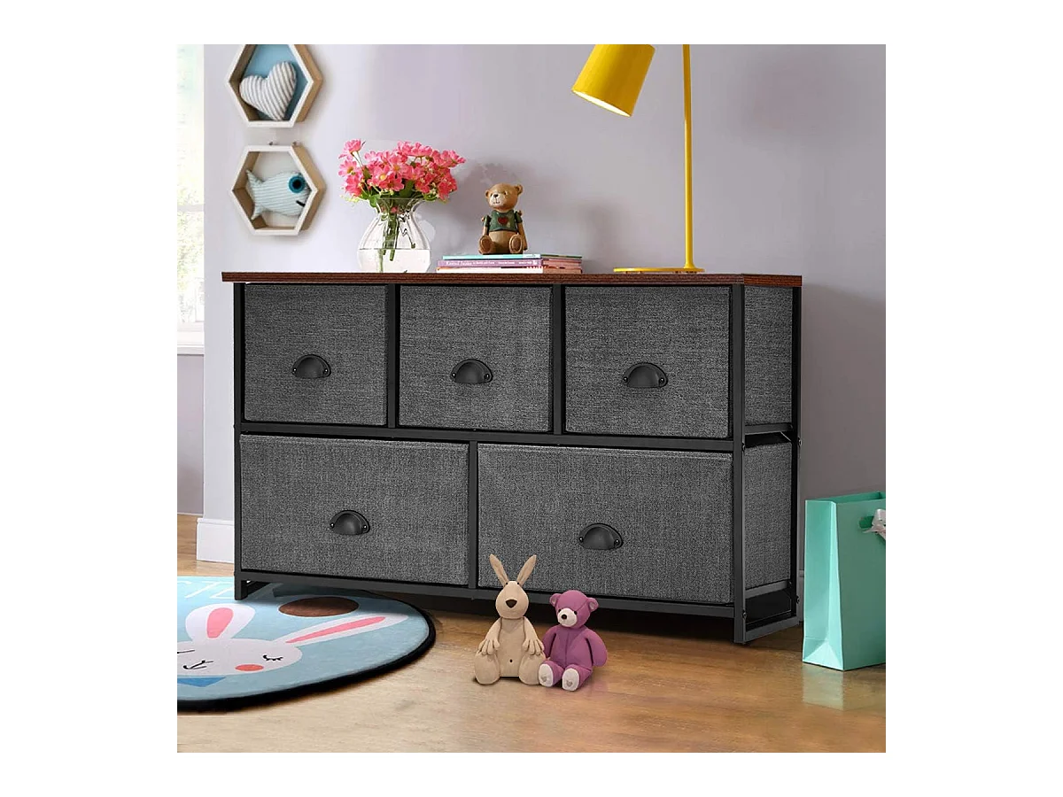 Meuble de Rangement à 5 Tiroirs Amovibles, Cadre Métallique, Boîtes de Rangement en Tissu pour Chambre 100 x 30 x 53,5 cm