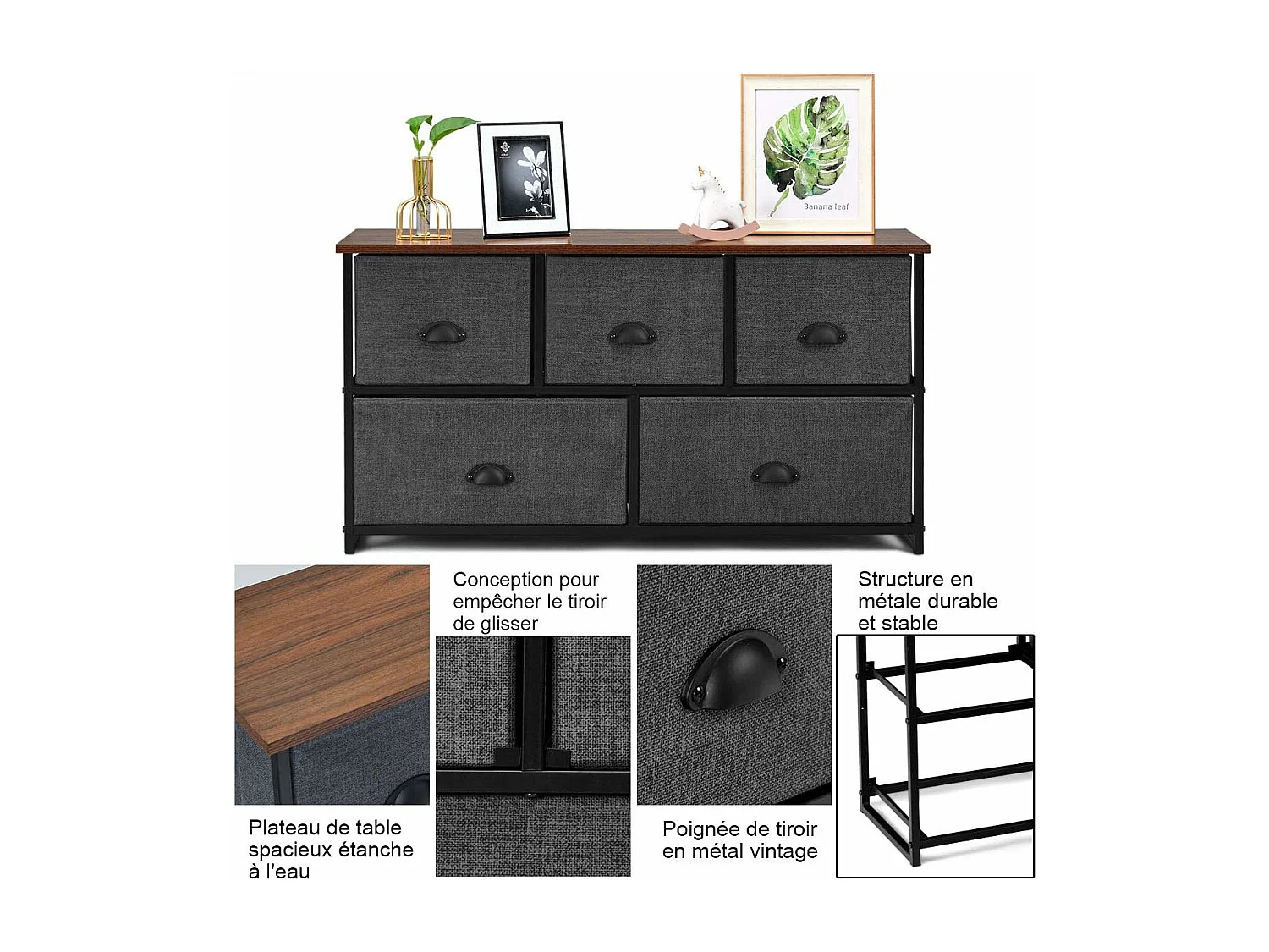 Meuble de Rangement à 5 Tiroirs Amovibles, Cadre Métallique, Boîtes de Rangement en Tissu pour Chambre 100 x 30 x 53,5 cm