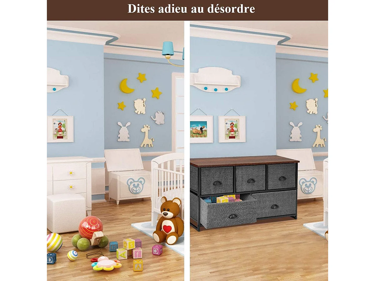 Meuble de Rangement à 5 Tiroirs Amovibles, Cadre Métallique, Boîtes de Rangement en Tissu pour Chambre 100 x 30 x 53,5 cm
