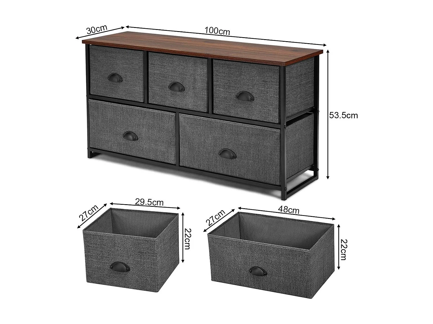 Meuble de Rangement à 5 Tiroirs Amovibles, Cadre Métallique, Boîtes de Rangement en Tissu pour Chambre 100 x 30 x 53,5 cm