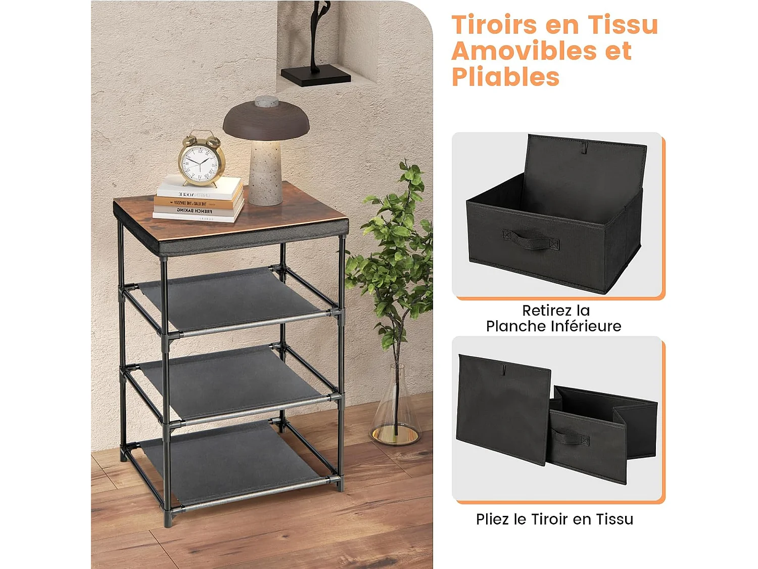 Commode 3 Tiroirs en Tissu, Commode Chambre Adulte avec Cadre en Métal, Meuble Tiroir Rangement pour Chambre, Industriel, 20 x 48 x 76 cm(Noir)