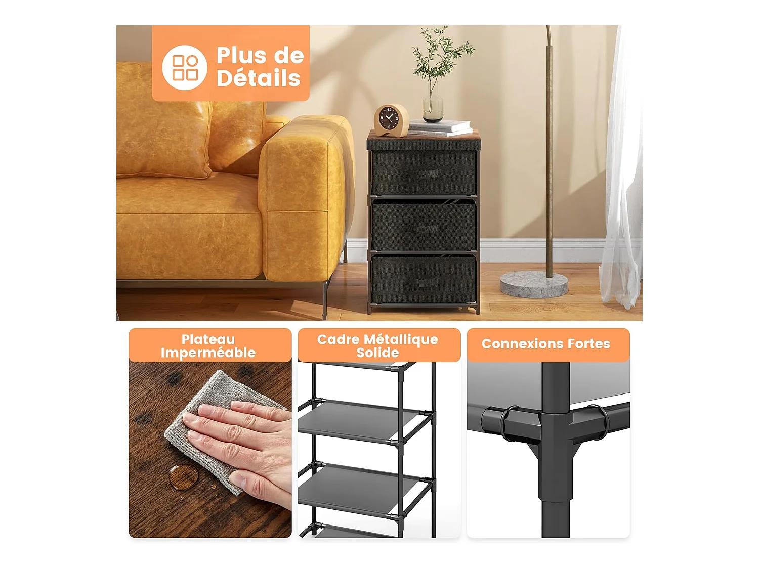 Commode 3 Tiroirs en Tissu, Commode Chambre Adulte avec Cadre en Métal, Meuble Tiroir Rangement pour Chambre, Industriel, 20 x 48 x 76 cm(Noir)
