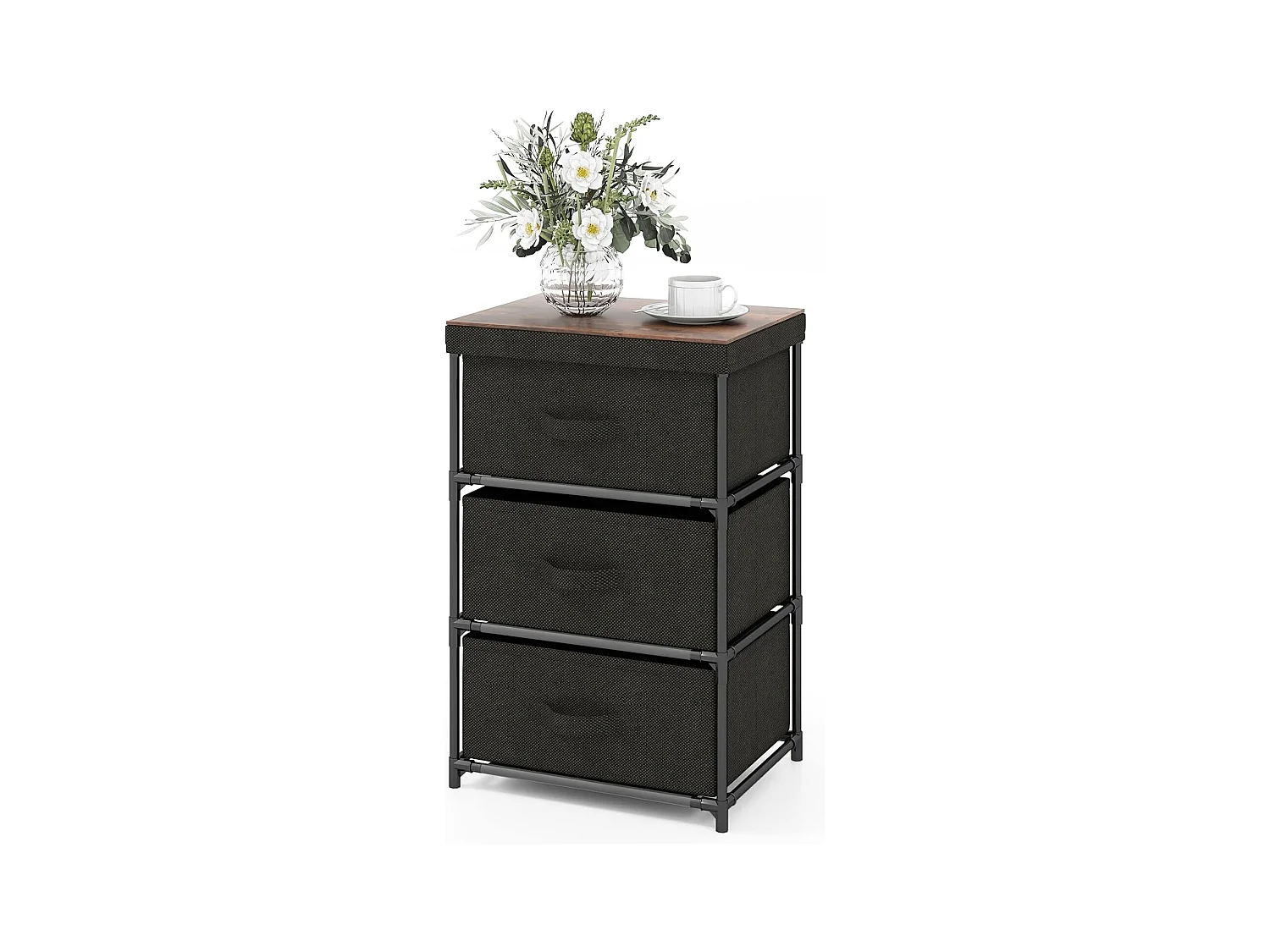 Commode 3 Tiroirs en Tissu, Commode Chambre Adulte avec Cadre en Métal, Meuble Tiroir Rangement pour Chambre, Industriel, 20 x 48 x 76 cm(Noir)