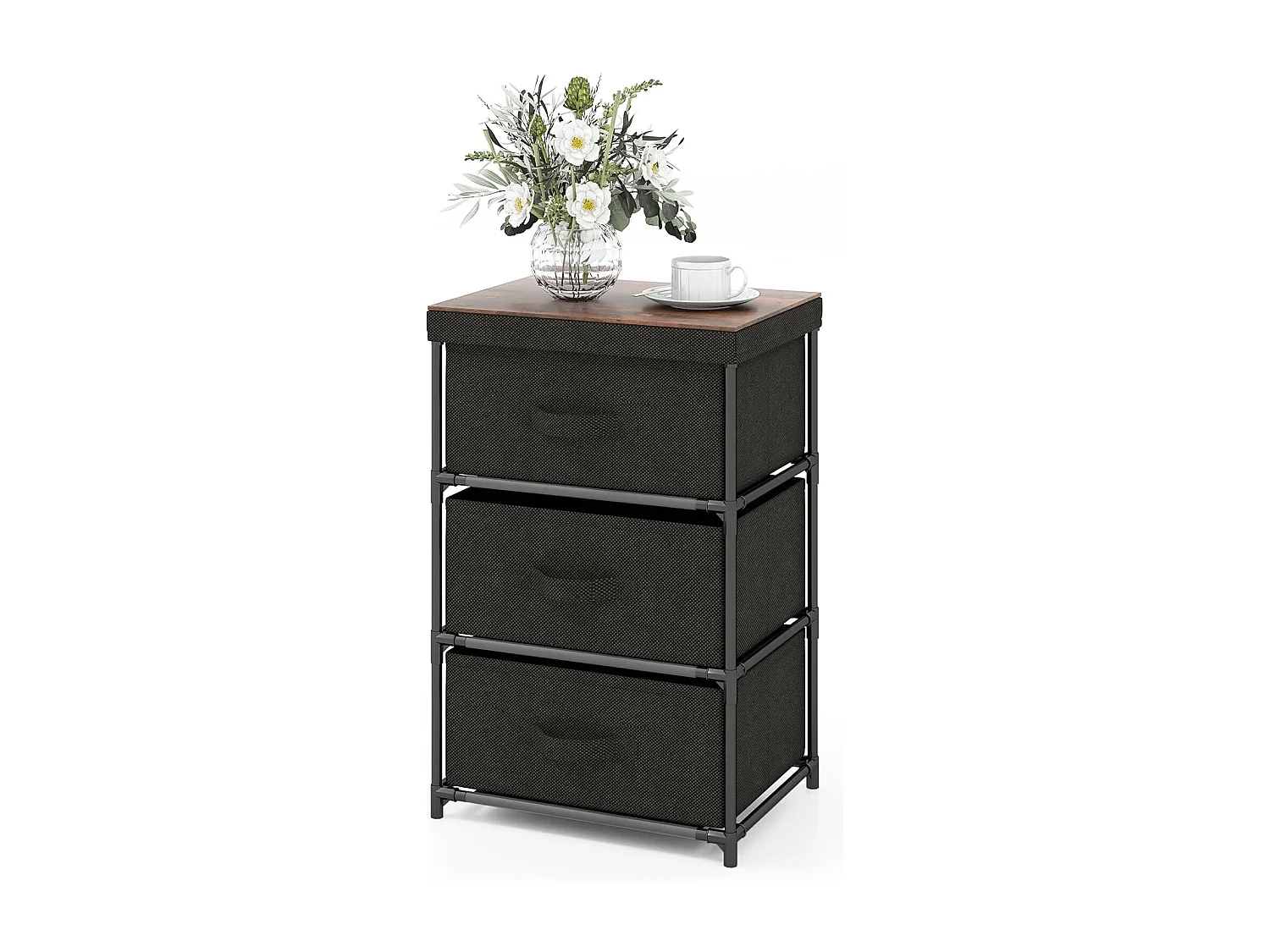 Commode 3 Tiroirs en Tissu, Commode Chambre Adulte avec Cadre en Métal, Meuble Tiroir Rangement pour Chambre, Industriel, 20 x 48 x 76 cm(Noir)