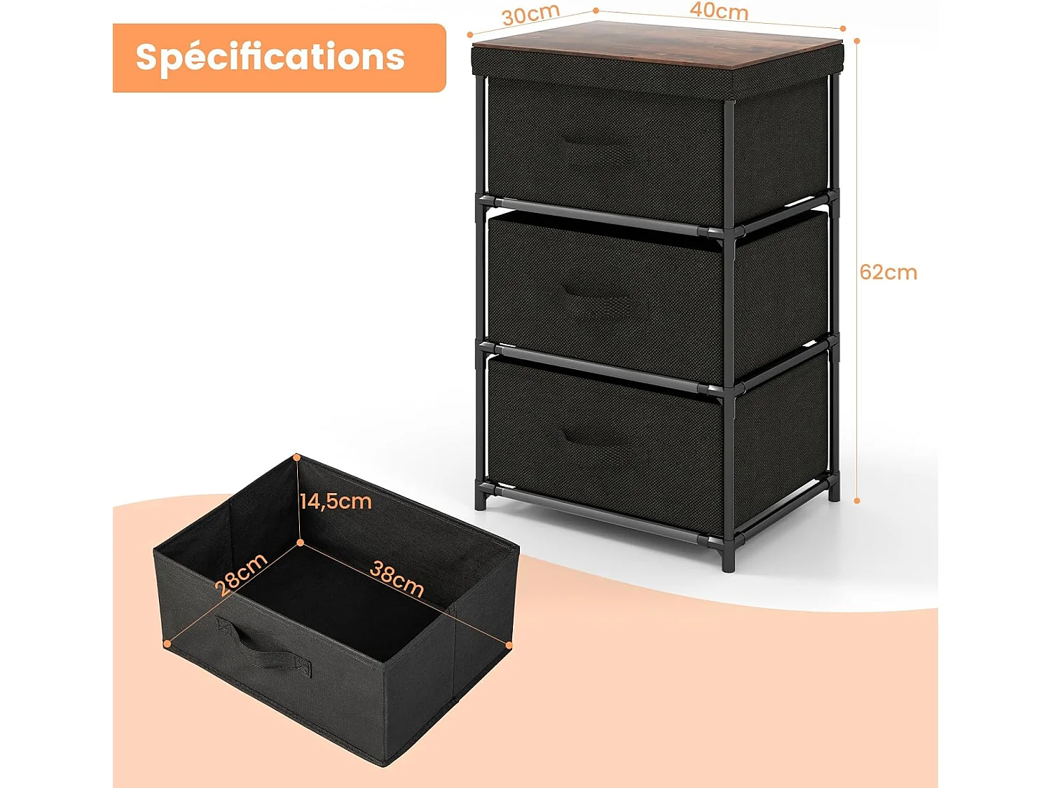 Commode 3 Tiroirs en Tissu, Commode Chambre Adulte avec Cadre en Métal, Meuble Tiroir Rangement pour Chambre, Industriel, 20 x 48 x 76 cm(Noir)