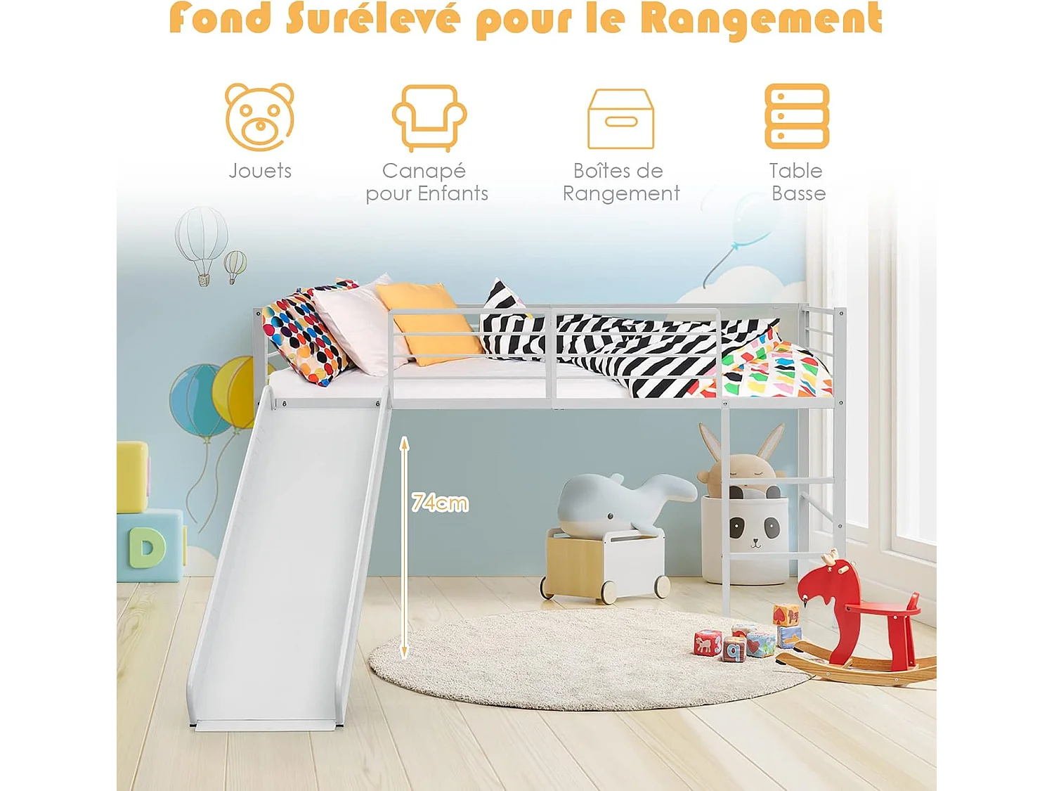 Lit Mezzanine 198 x 96 cm en Métal avec 4 Garde-corps de Sécurité,Echelle à 2 Marches et Toboggan Matelas non Inclus Blanc