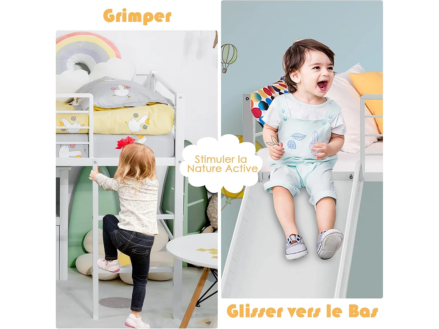 Lit Mezzanine 198 x 96 cm en Métal avec 4 Garde-corps de Sécurité,Echelle à 2 Marches et Toboggan Matelas non Inclus Blanc