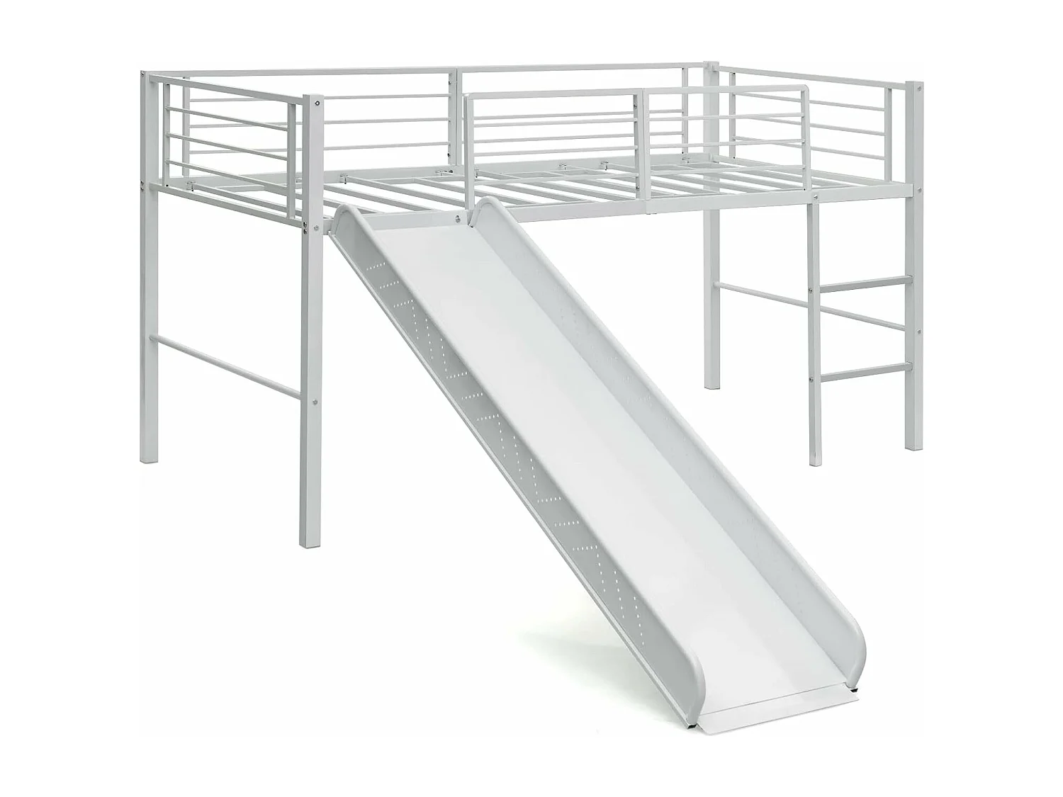 Lit Mezzanine 198 x 96 cm en Métal avec 4 Garde-corps de Sécurité,Echelle à 2 Marches et Toboggan Matelas non Inclus Blanc