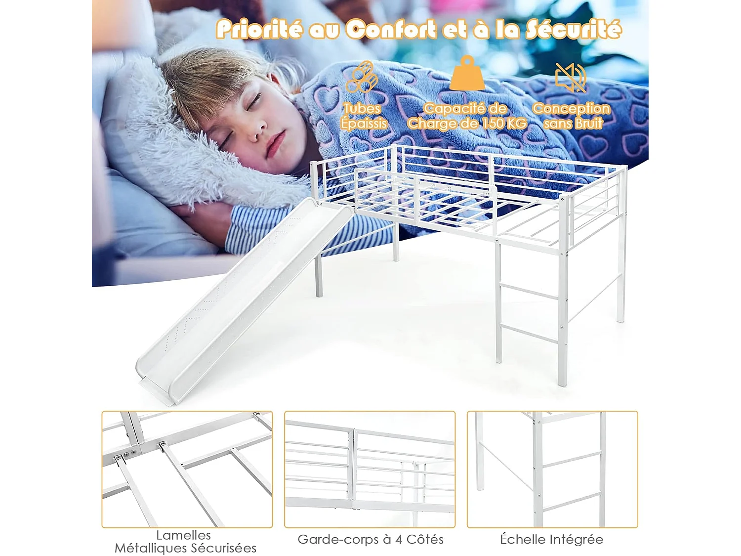Lit Mezzanine 198 x 96 cm en Métal avec 4 Garde-corps de Sécurité,Echelle à 2 Marches et Toboggan Matelas non Inclus Blanc