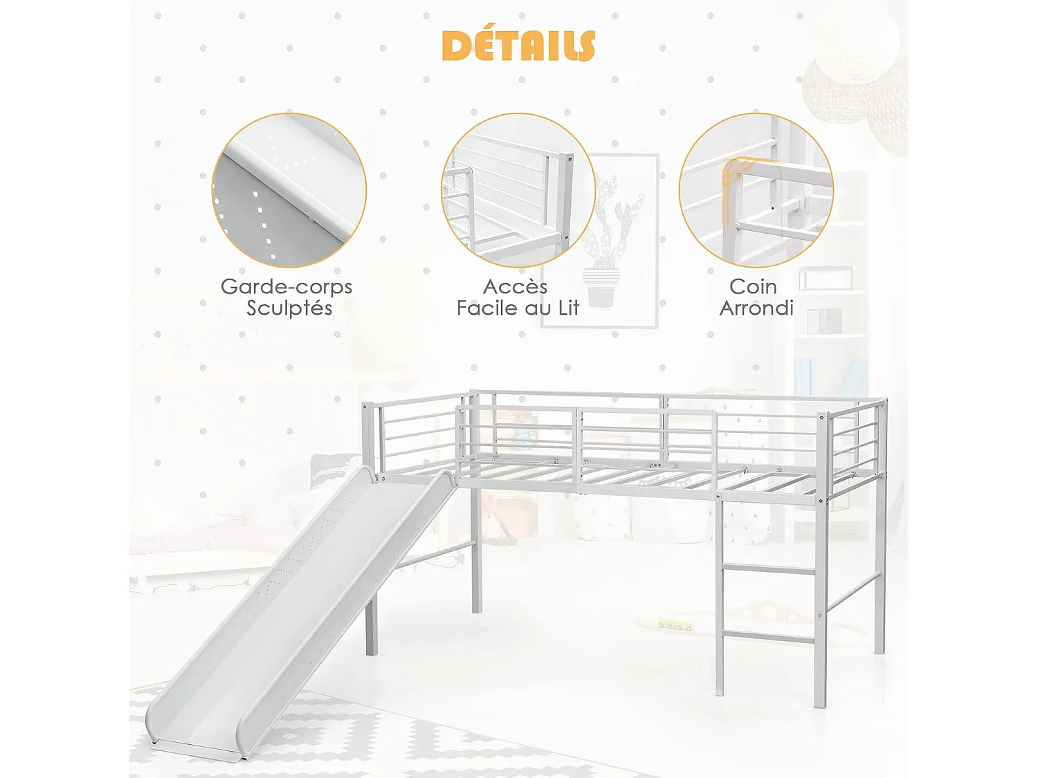 Lit Mezzanine 198 x 96 cm en Métal avec 4 Garde-corps de Sécurité,Echelle à 2 Marches et Toboggan Matelas non Inclus Blanc