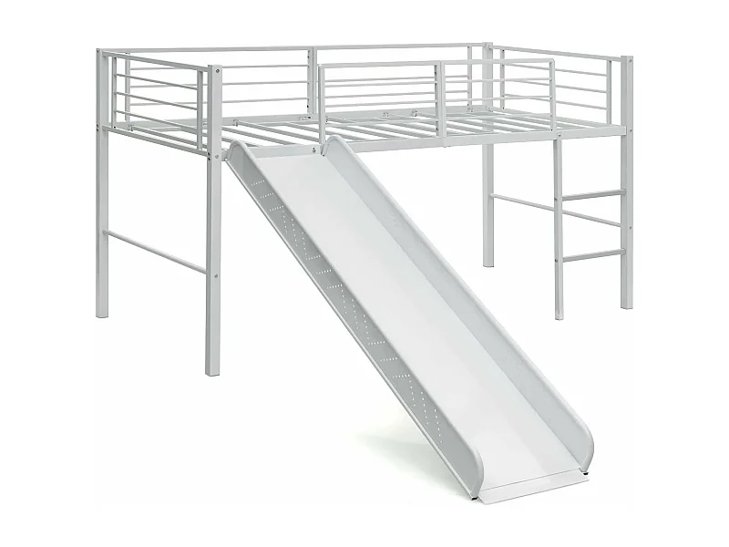 Lit Mezzanine 198 x 96 cm en Métal avec 4 Garde-corps de Sécurité,Echelle à 2 Marches et Toboggan Matelas non Inclus Blanc