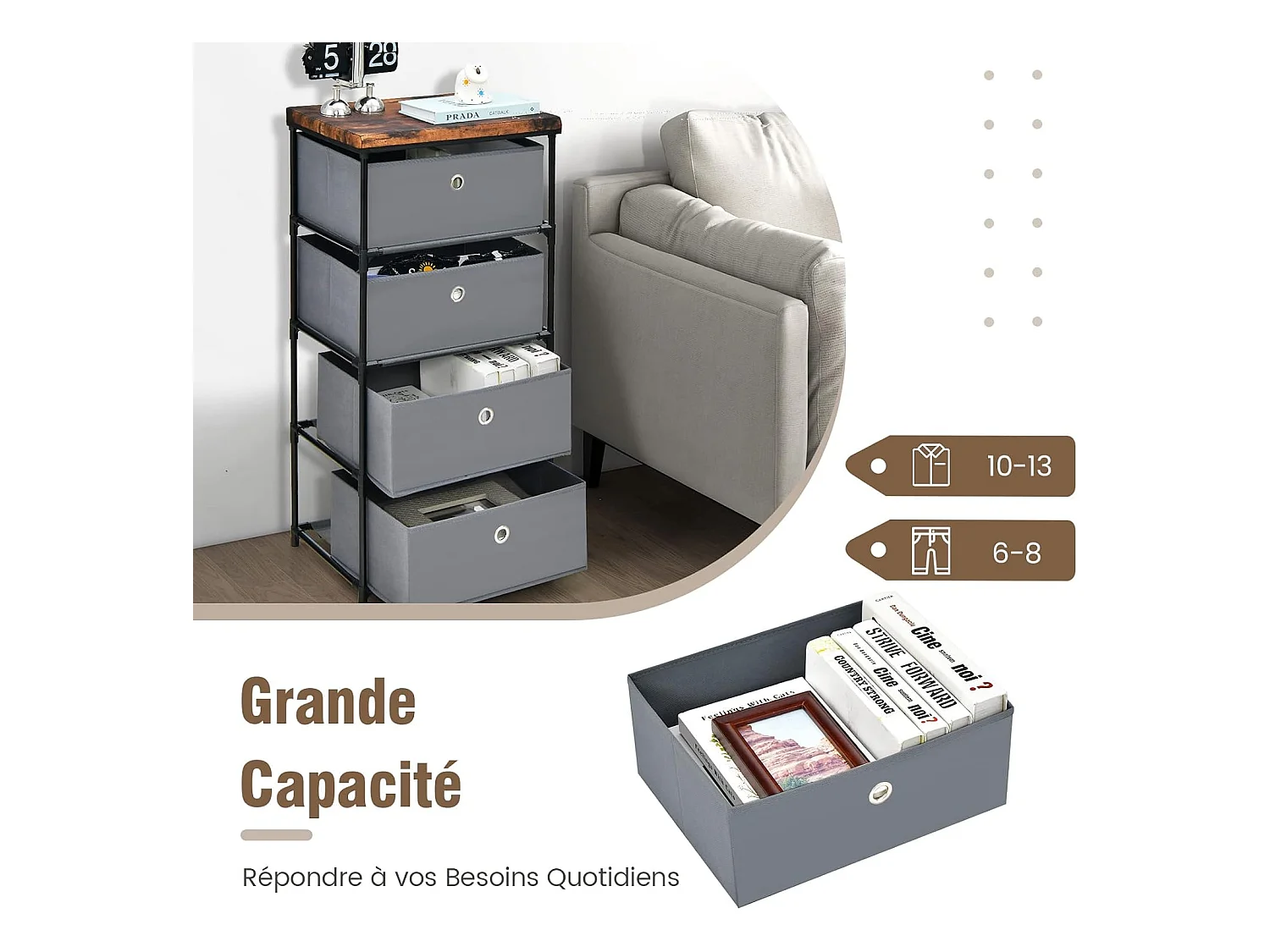 Commode 4 Tiroirs en Tissu, Commode Chambre avec Cadre en Métal et Plateau, Commode Haute pour Chambre Adulte/Enfant, Couloir, Entrée, 42x33,5x84,5cm, Gris