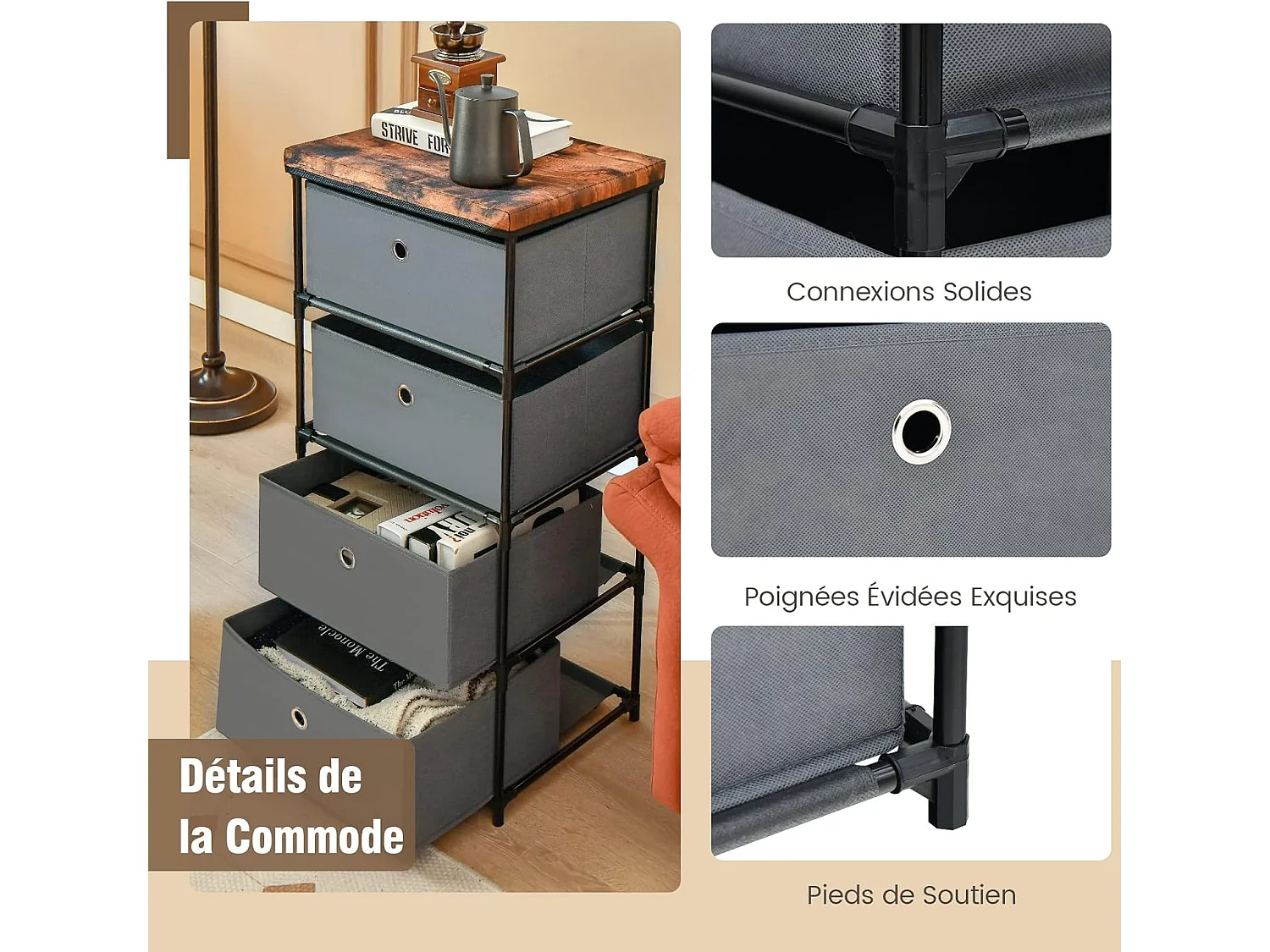 Commode 4 Tiroirs en Tissu, Commode Chambre avec Cadre en Métal et Plateau, Commode Haute pour Chambre Adulte/Enfant, Couloir, Entrée, 42x33,5x84,5cm, Gris