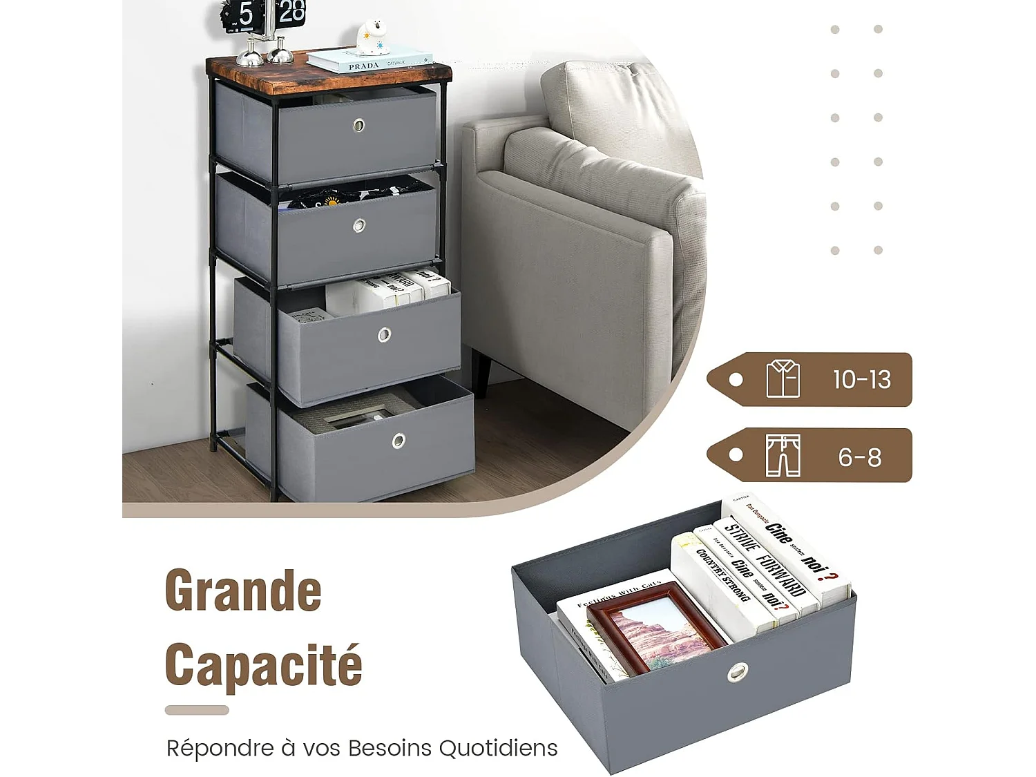 Commode 4 Tiroirs en Tissu, Commode Chambre avec Cadre en Métal et Plateau, Commode Haute pour Chambre Adulte/Enfant, Couloir, Entrée, 42x33,5x84,5cm, Gris