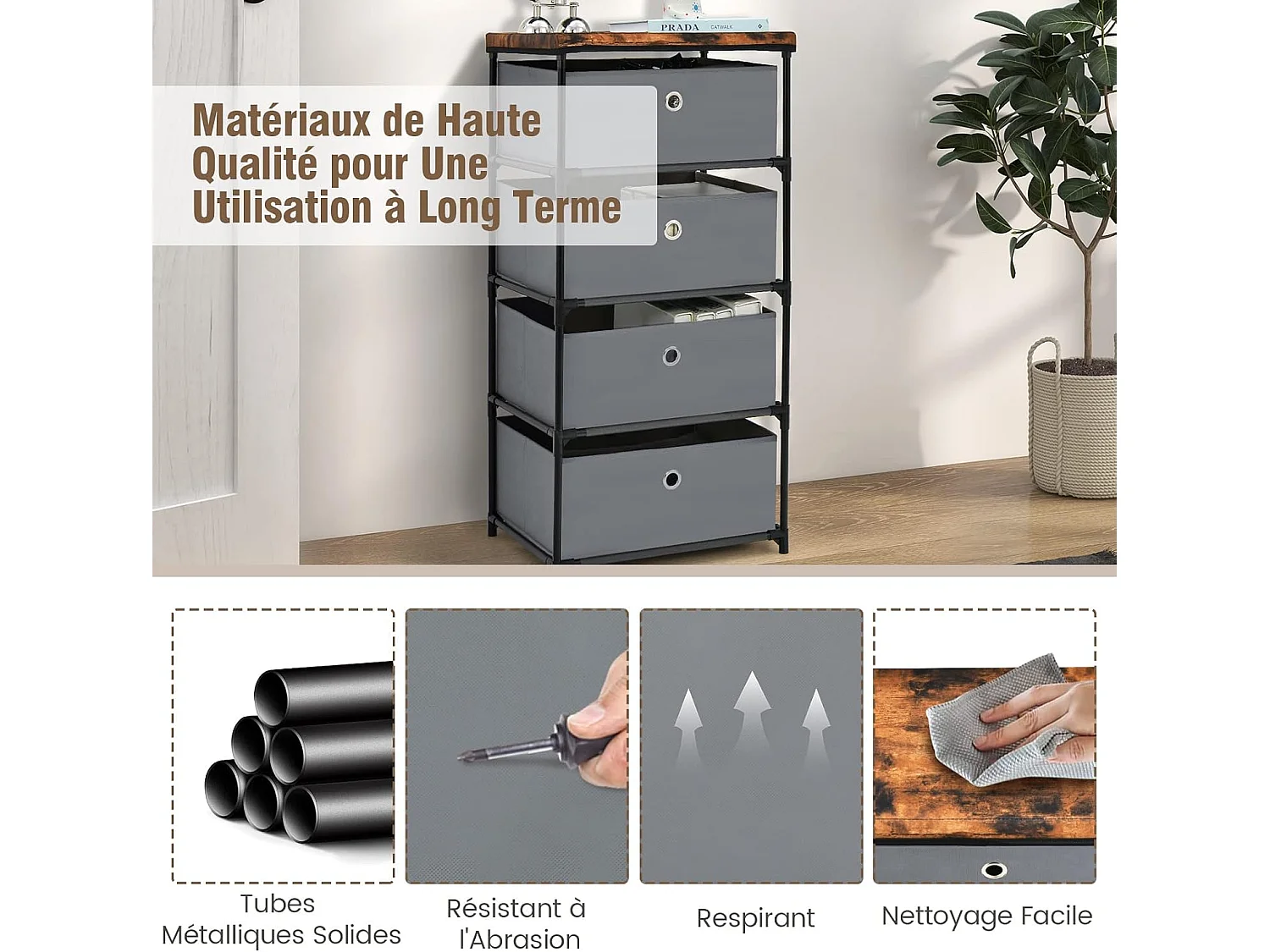 Commode 4 Tiroirs en Tissu, Commode Chambre avec Cadre en Métal et Plateau, Commode Haute pour Chambre Adulte/Enfant, Couloir, Entrée, 42x33,5x84,5cm, Gris