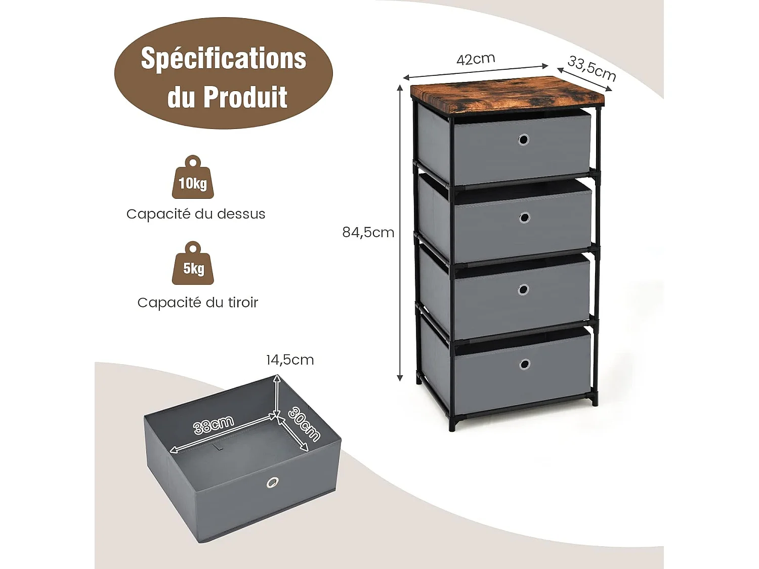 Commode 4 Tiroirs en Tissu, Commode Chambre avec Cadre en Métal et Plateau, Commode Haute pour Chambre Adulte/Enfant, Couloir, Entrée, 42x33,5x84,5cm, Gris