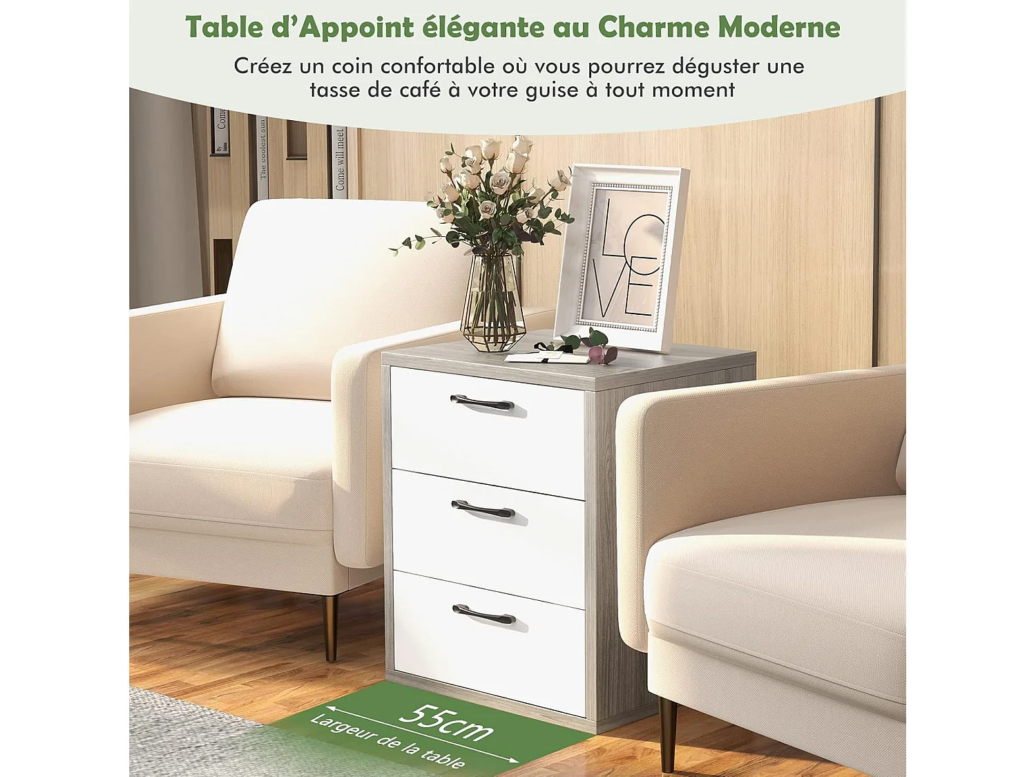 Commode à 3 Tiroirs Coulissants, Caisson de Bureau pour A4/Lettre/Dossiers/Documents, Meuble de Rangement pour Chambre, Salon, 55 x 45 x 66 cm