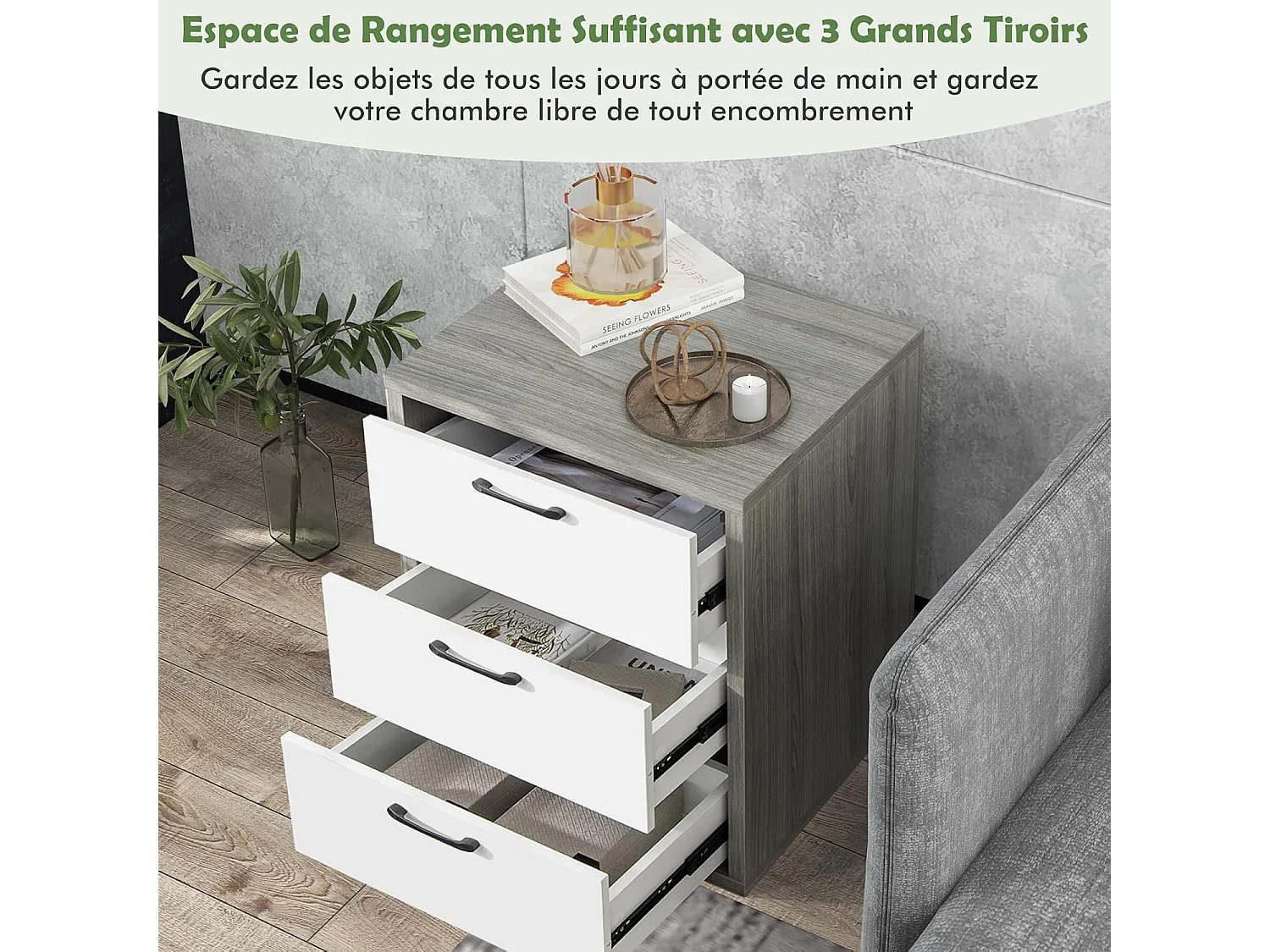 Commode à 3 Tiroirs Coulissants, Caisson de Bureau pour A4/Lettre/Dossiers/Documents, Meuble de Rangement pour Chambre, Salon, 55 x 45 x 66 cm