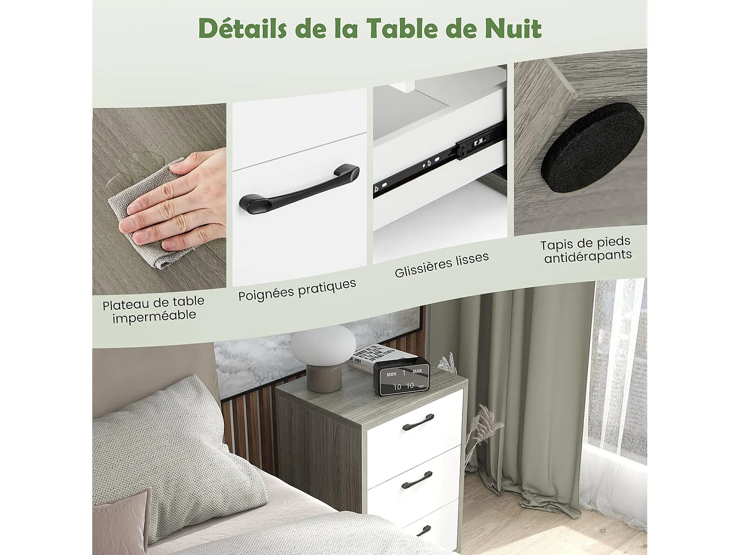 Commode à 3 Tiroirs Coulissants, Caisson de Bureau pour A4/Lettre/Dossiers/Documents, Meuble de Rangement pour Chambre, Salon, 55 x 45 x 66 cm