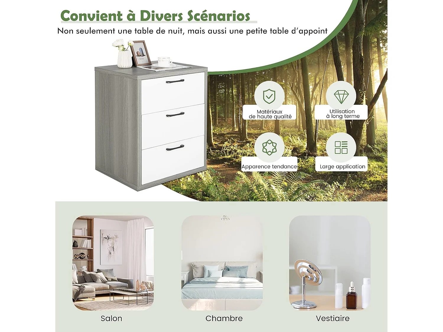 Commode à 3 Tiroirs Coulissants, Caisson de Bureau pour A4/Lettre/Dossiers/Documents, Meuble de Rangement pour Chambre, Salon, 55 x 45 x 66 cm