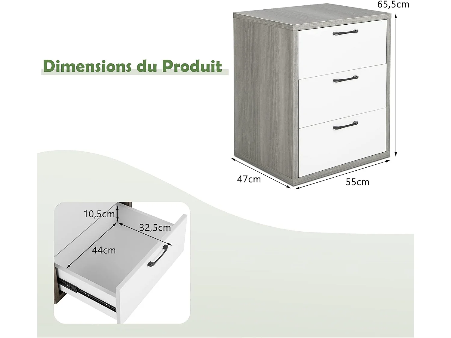 Commode à 3 Tiroirs Coulissants, Caisson de Bureau pour A4/Lettre/Dossiers/Documents, Meuble de Rangement pour Chambre, Salon, 55 x 45 x 66 cm